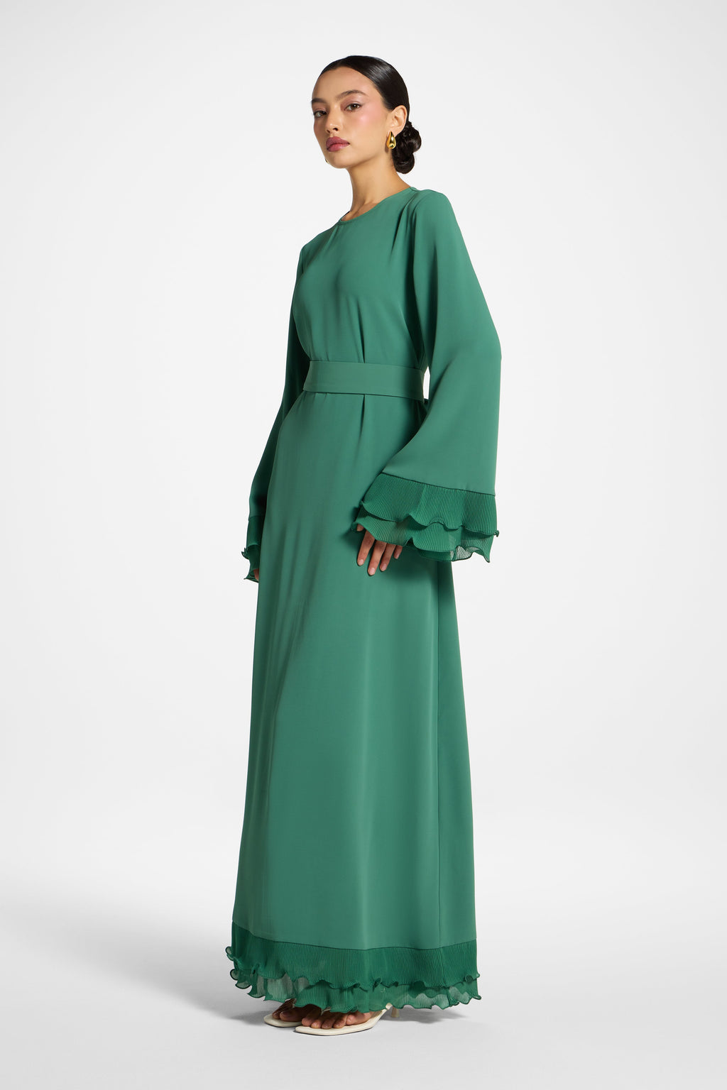 Sage Mist Plissé Sleeve Modest Maxi Dress