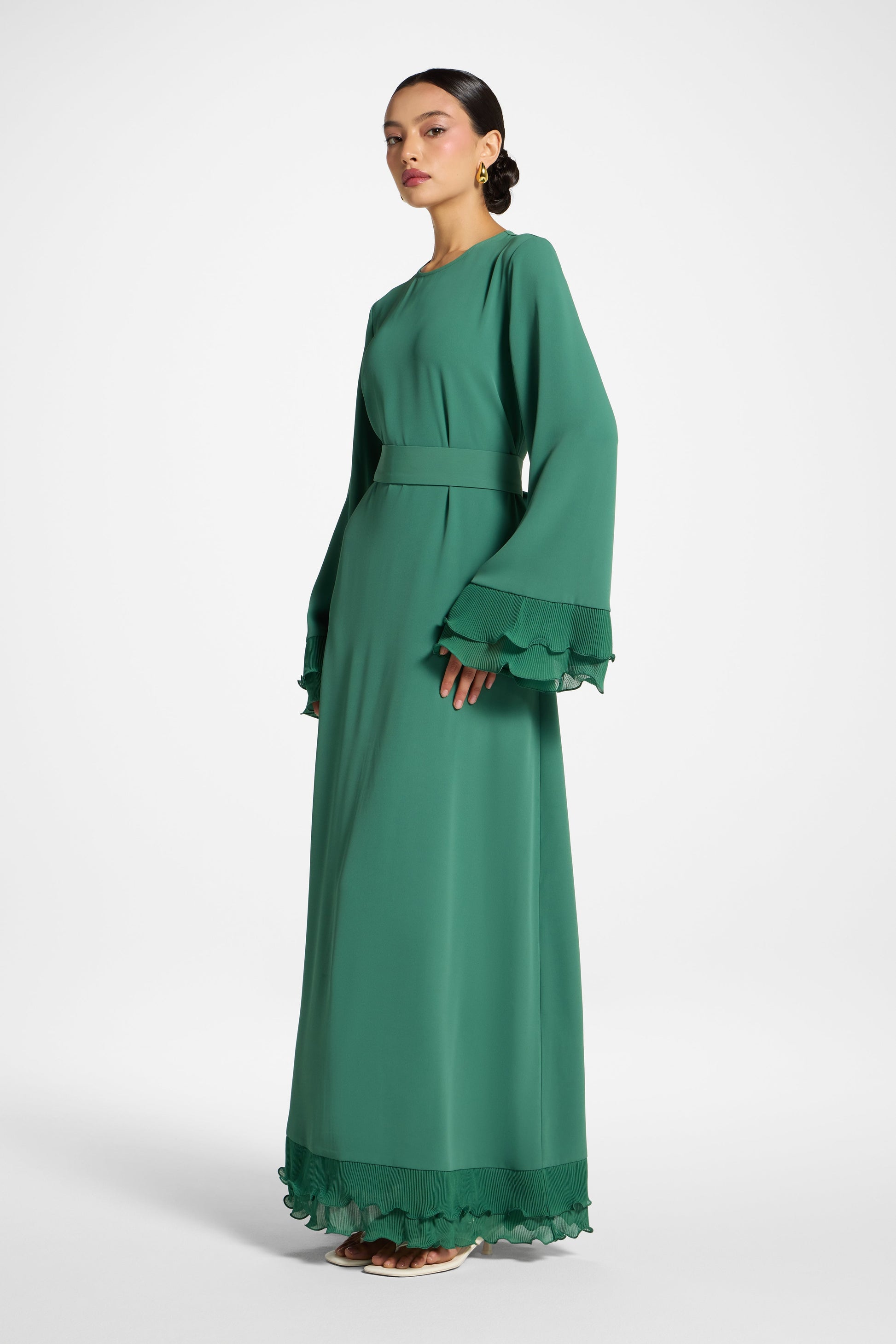 Sage Mist Plissé Sleeve Modest Maxi Dress