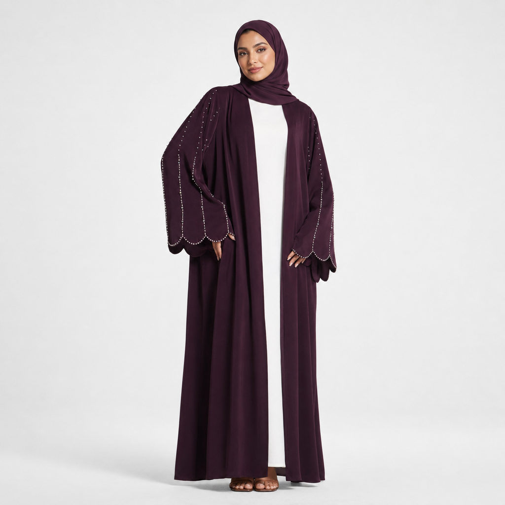 Plum Nada Scalloped Sleeve Embellished Open Abaya