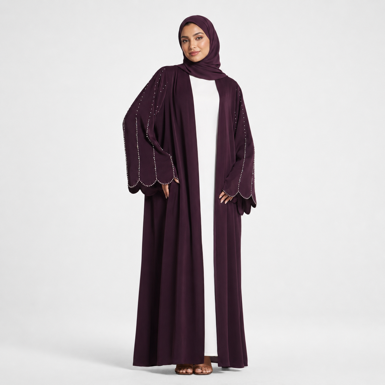 Plum Nada Scalloped Sleeve Embellished Open Abaya