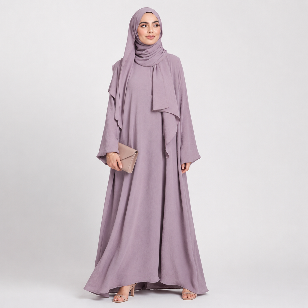 Baby Mauve Front Zip Abaya with Attached Hijab