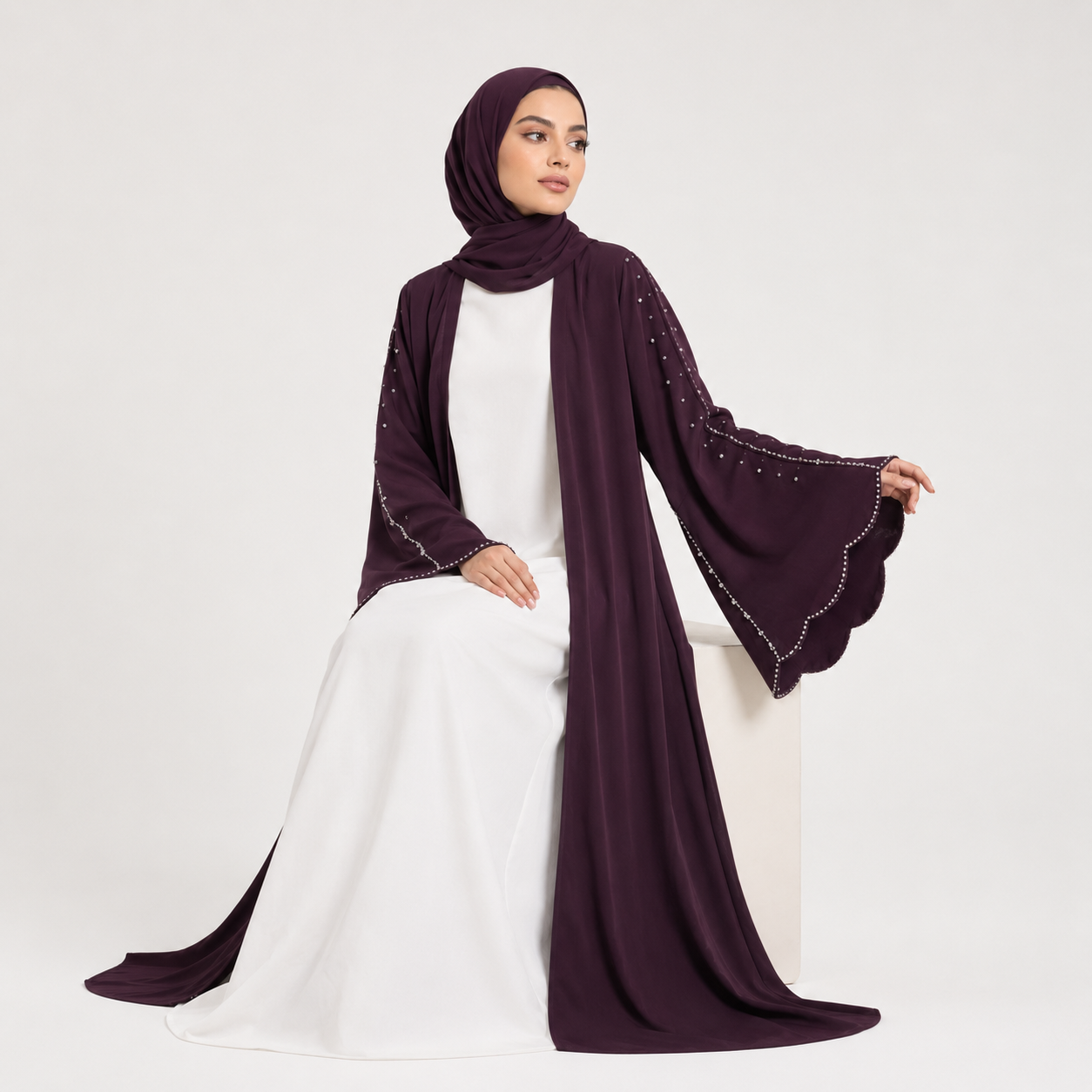 Plum Nada Scalloped Sleeve Embellished Open Abaya