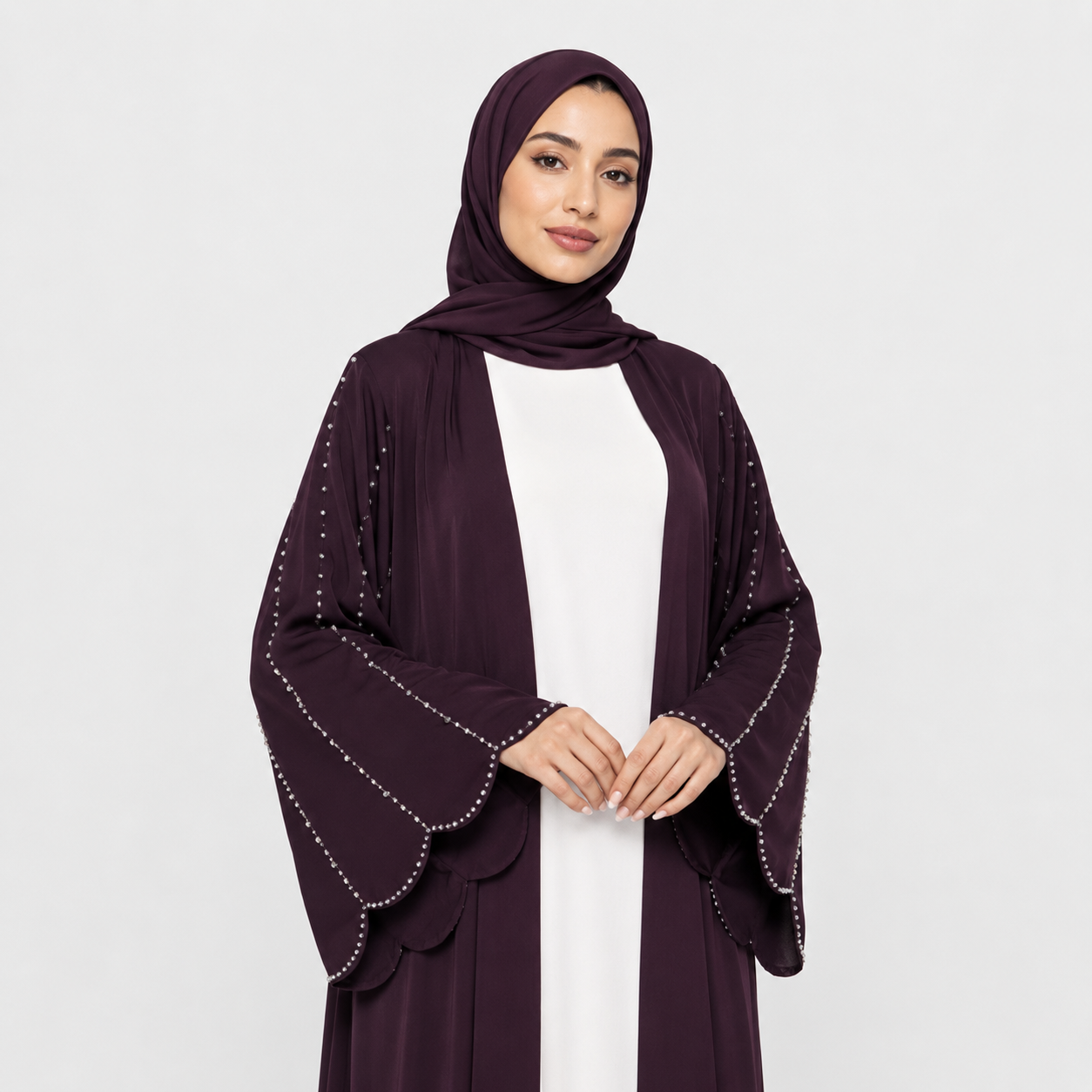 Plum Nada Scalloped Sleeve Embellished Open Abaya