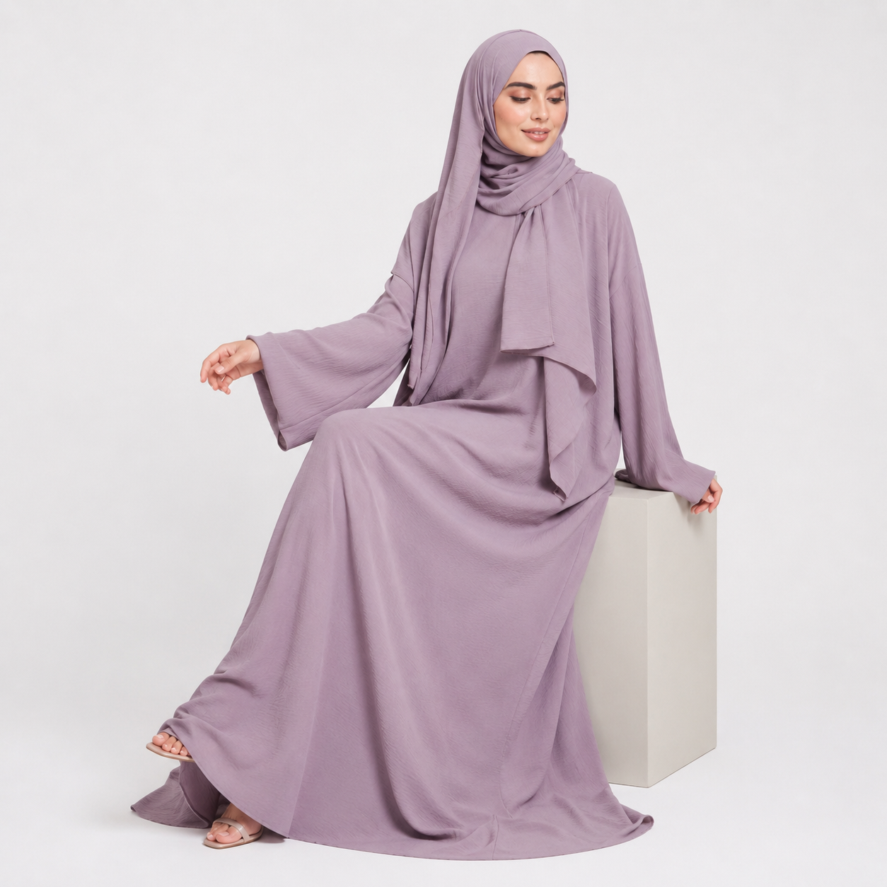 Baby Mauve Front Zip Abaya with Attached Hijab