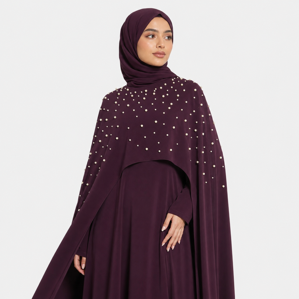 Pearl Embellished Cape Maxi Dress in Plum
