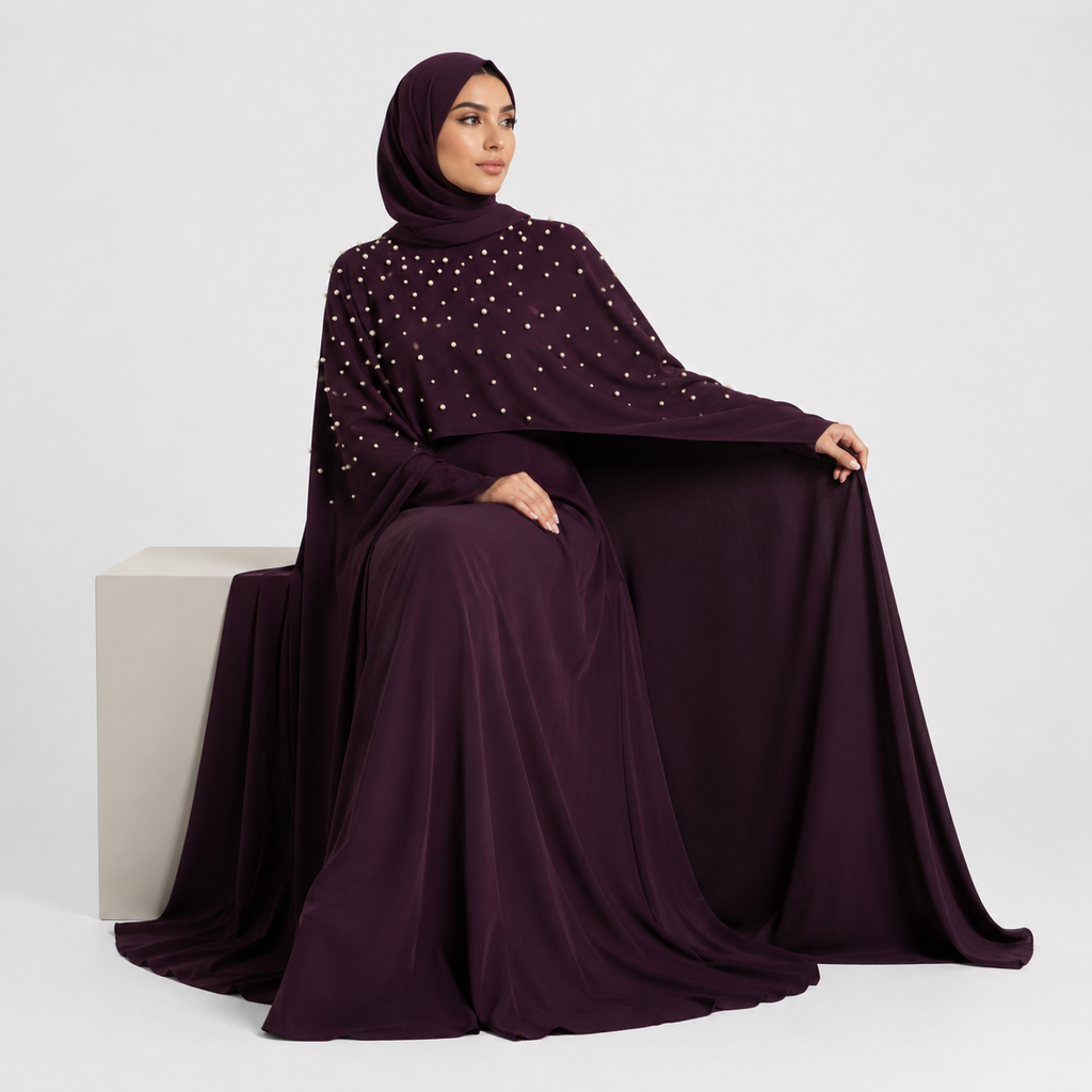 Pearl Embellished Cape Maxi Dress in Plum