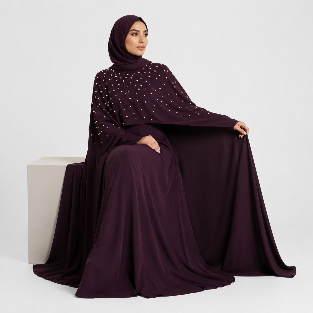 Pearl Embellished Cape Maxi Dress in Plum