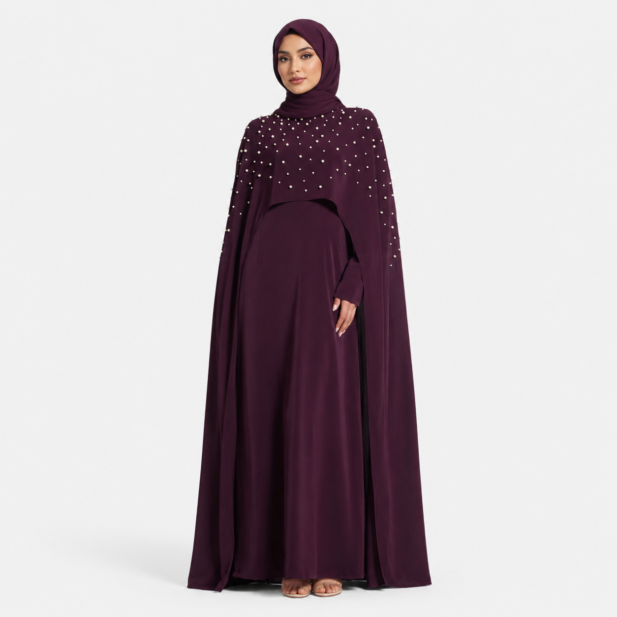 Pearl Embellished Cape Maxi Dress in Plum