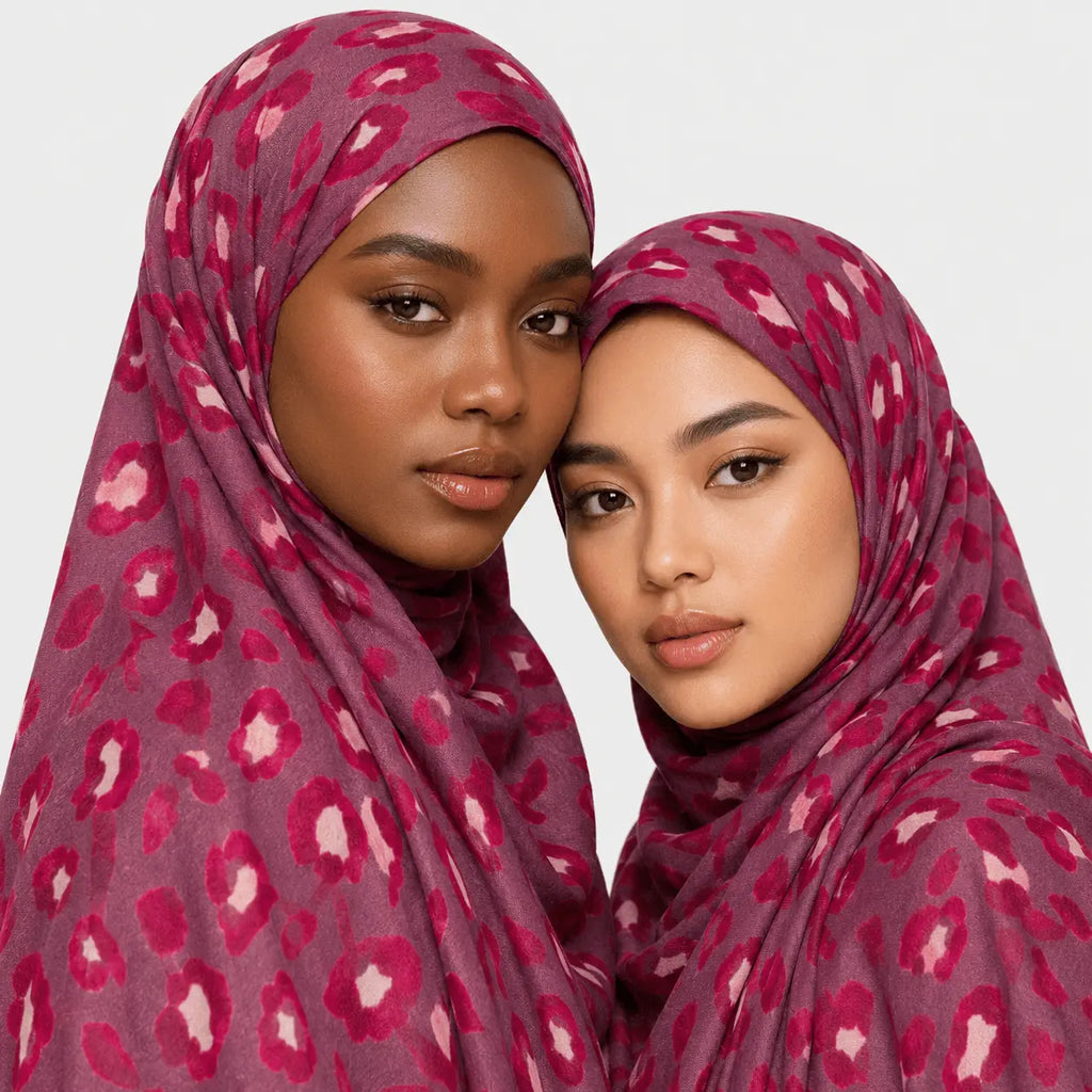 Two women wearing red patterned hijabs against a white background