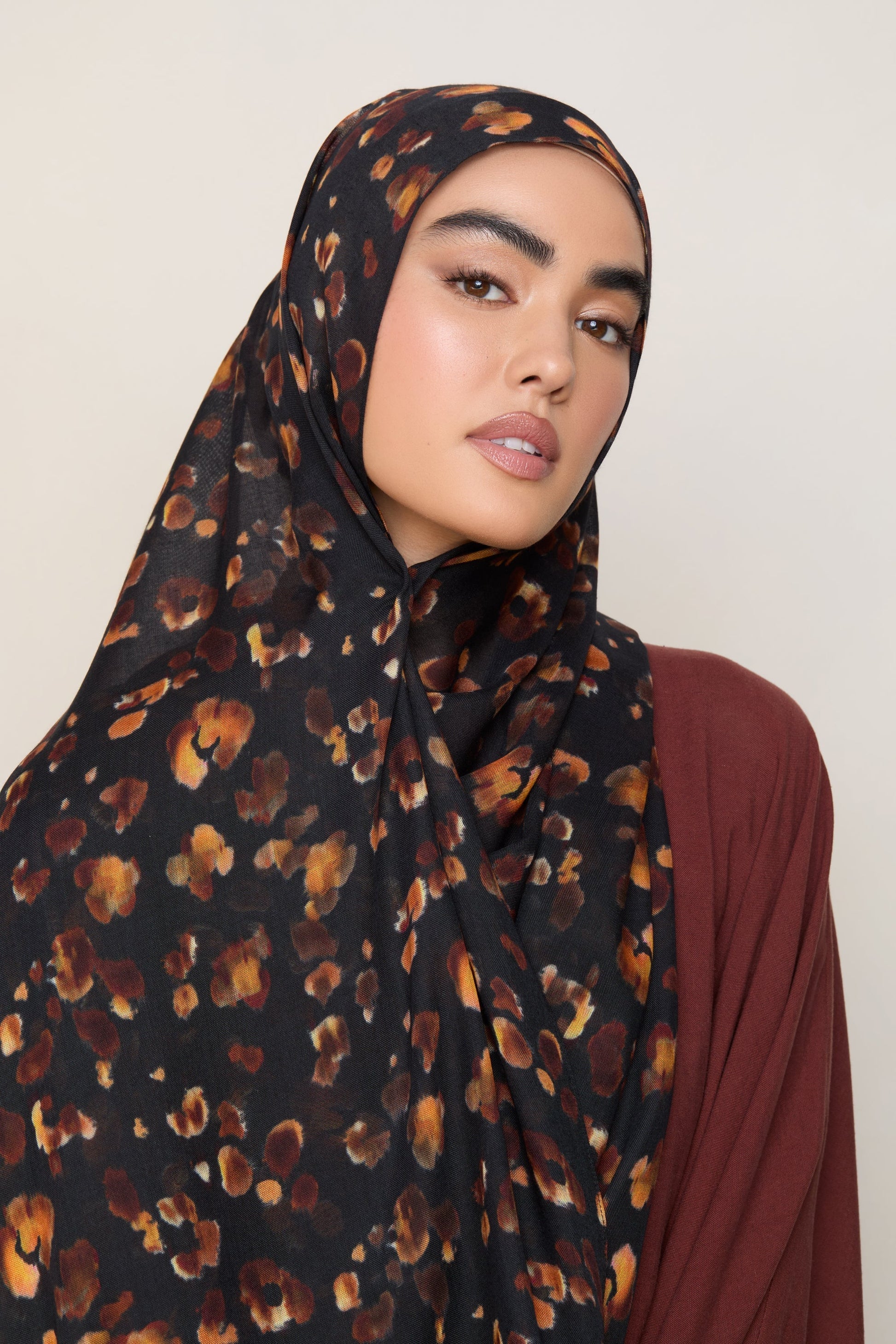 Black and Orange Printed Modal Hijab