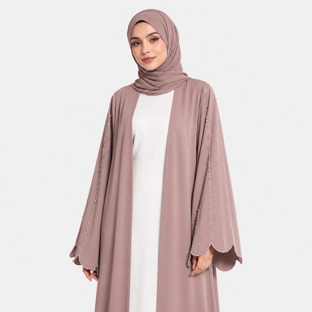 Taupe Nada Scalloped Sleeve Embellished Open Abaya