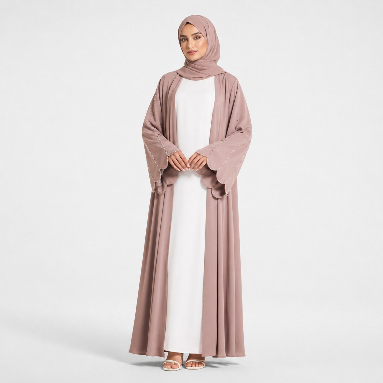 Taupe Nada Scalloped Sleeve Embellished Open Abaya