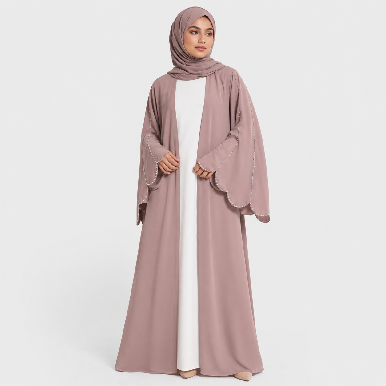 Taupe Nada Scalloped Sleeve Embellished Open Abaya