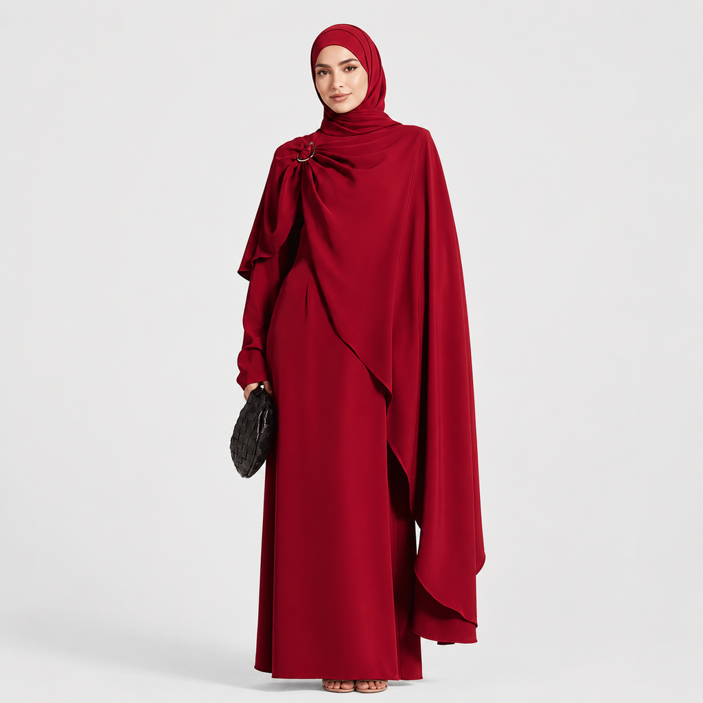 Woman wearing a red abaya on a light gray background