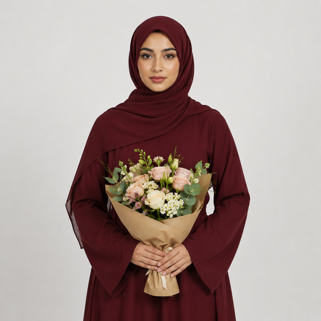 Elegant Deep Red Umbrella Cut Abaya