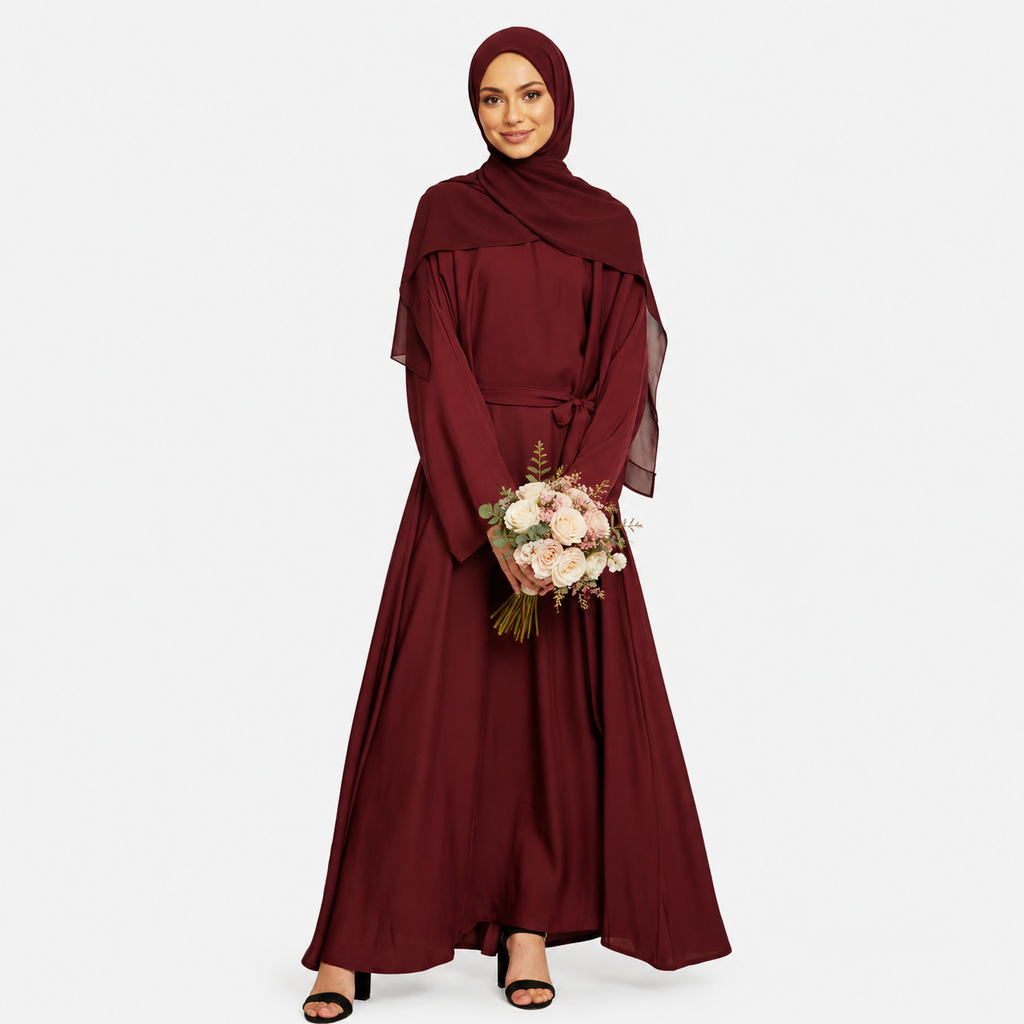 Elegant Deep Red Umbrella Cut Abaya
