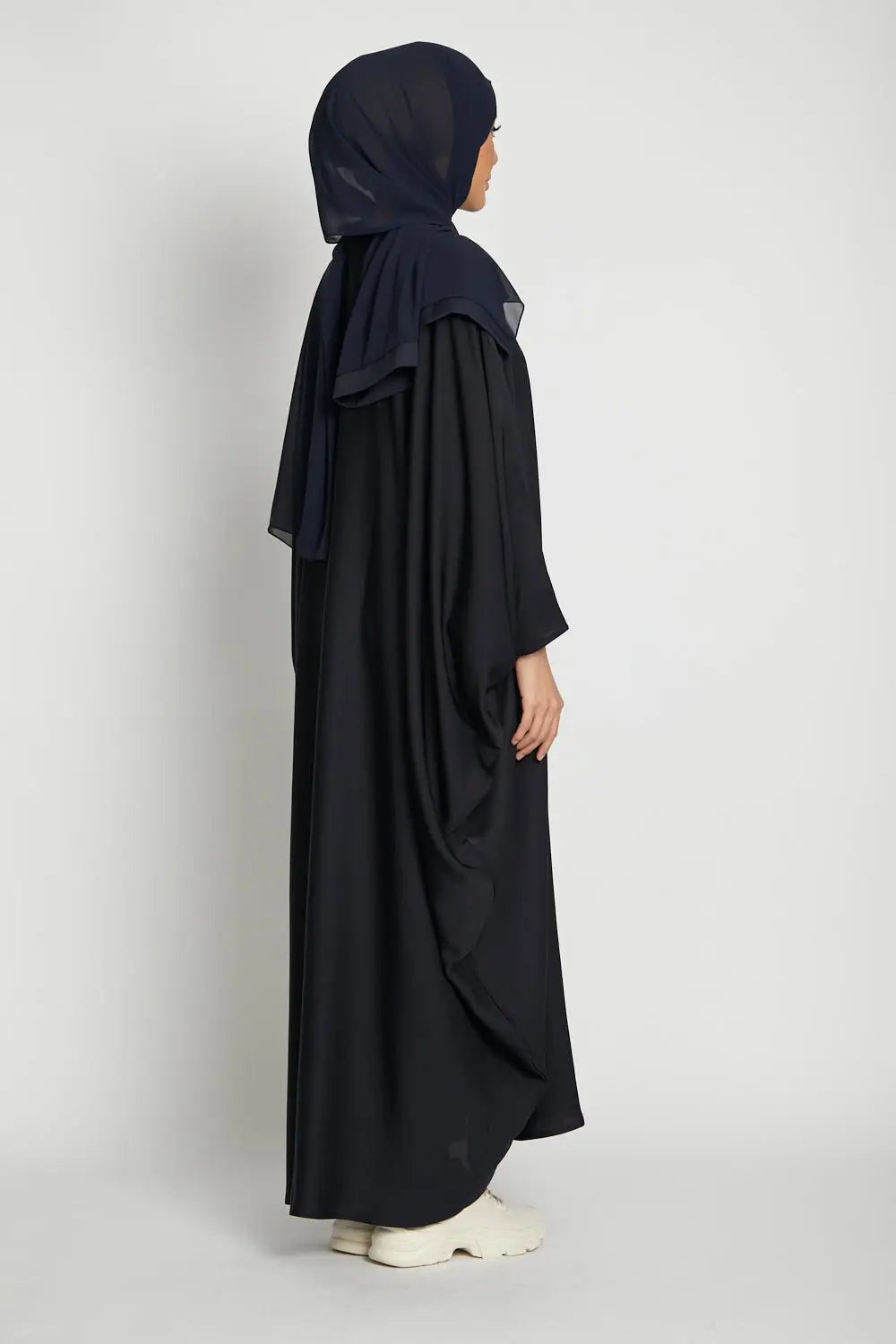 Person wearing a black abaya and hijab on a white background