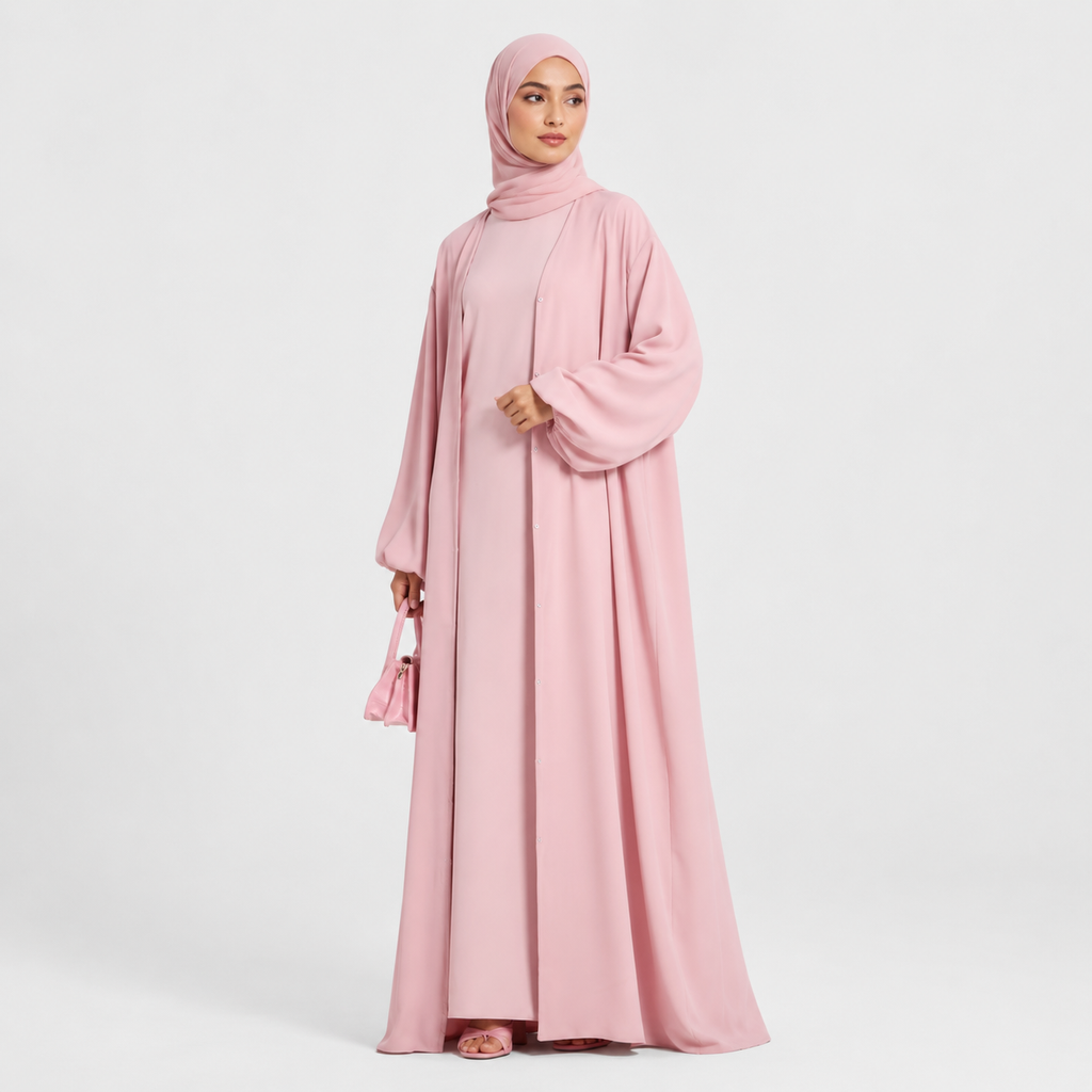 Pink Elegant Opaque Abaya with Balloon Sleeves