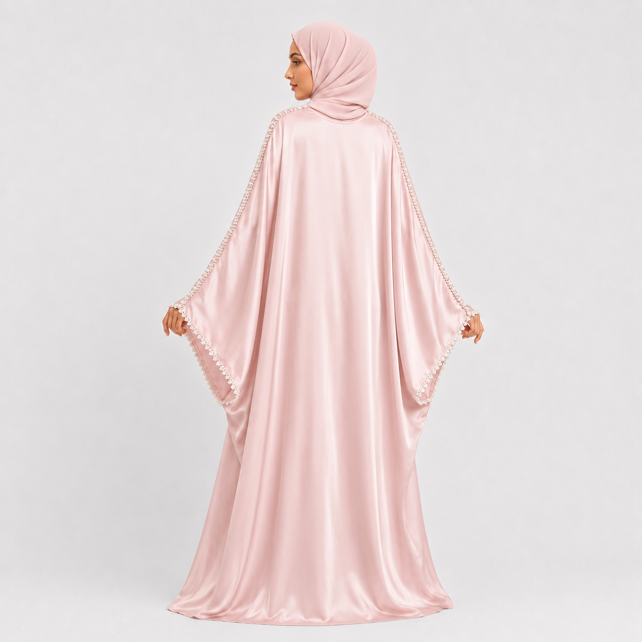 Pink Satin Abaya with Pearl Sleeve Detail