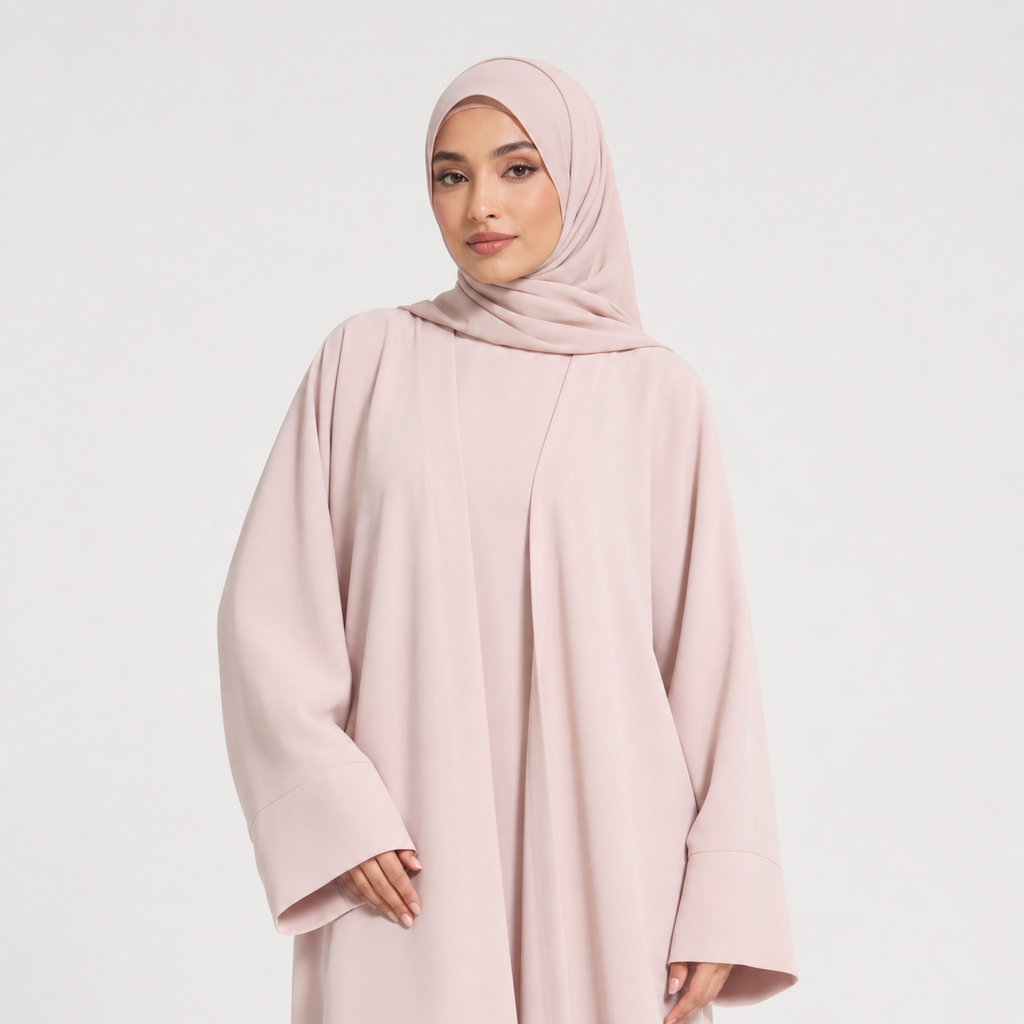 Pink Open Abaya in Nida Fabric with Cuff Sleeves