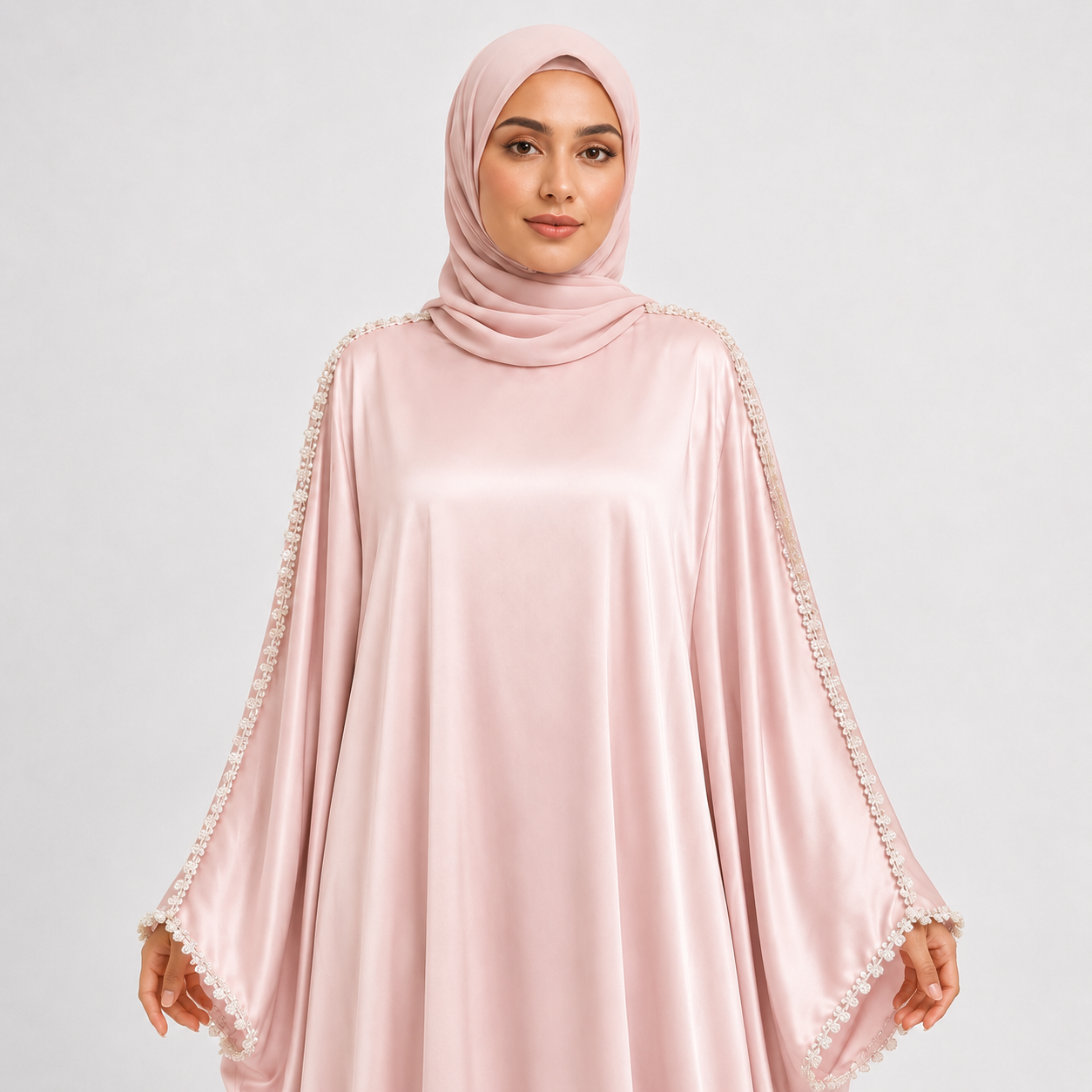 Pink Satin Abaya with Pearl Sleeve Detail