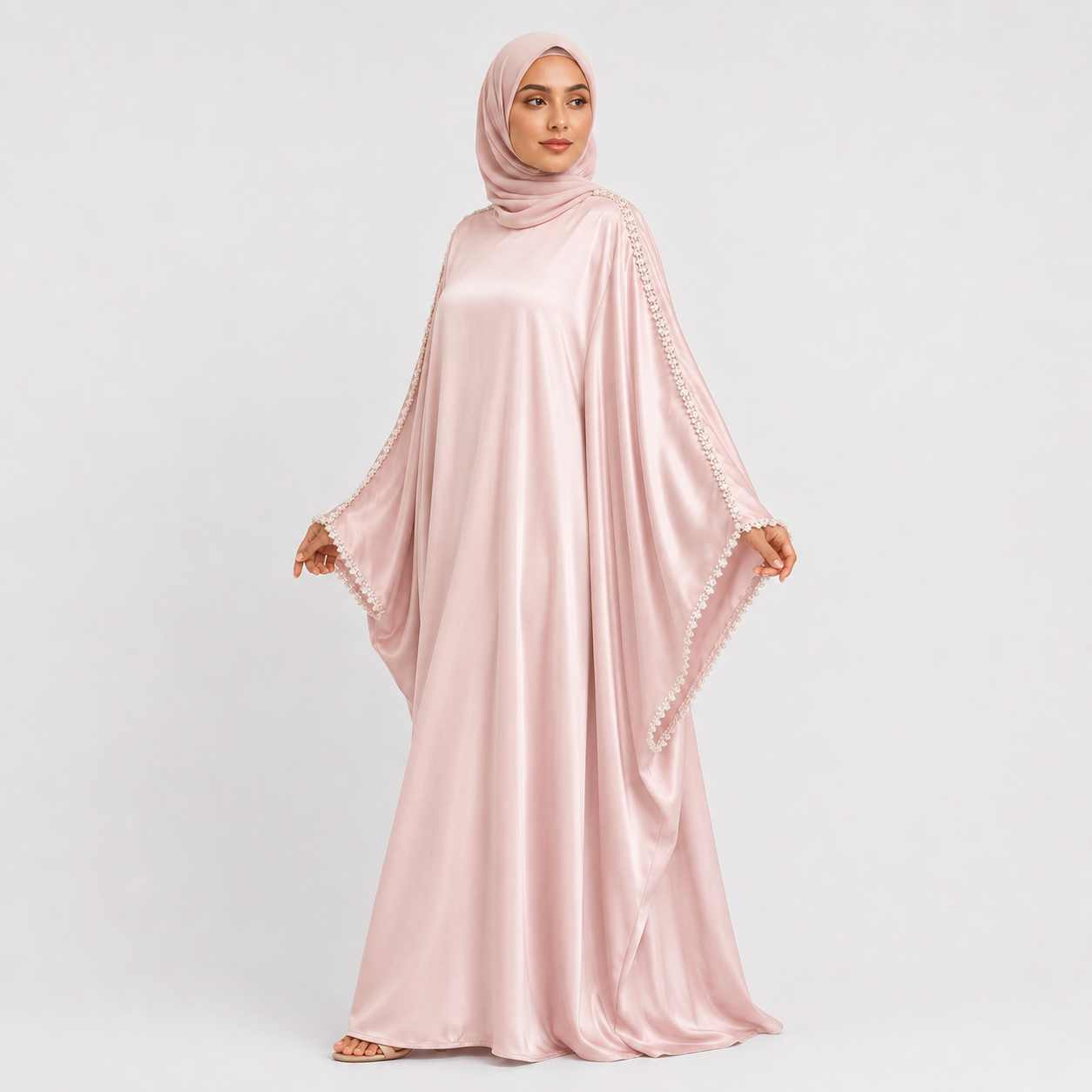 Pink Satin Abaya with Pearl Sleeve Detail