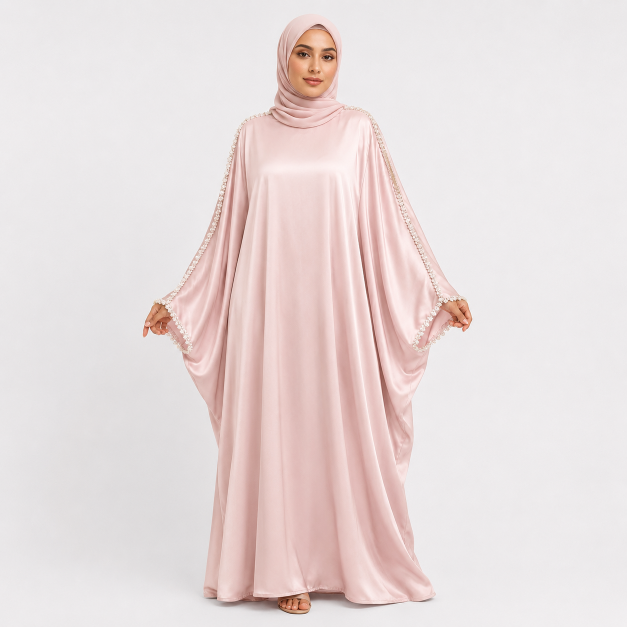 Pink Satin Abaya with Pearl Sleeve Detail