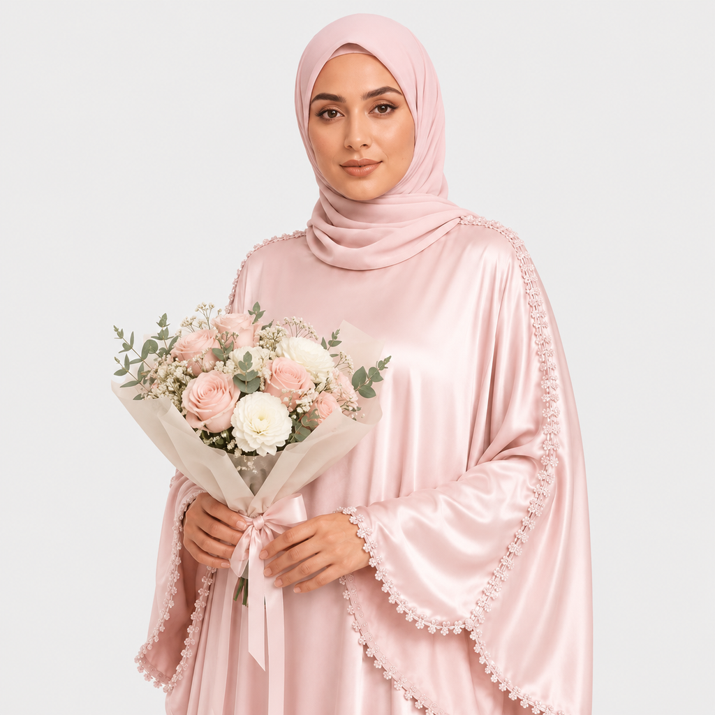 Woman in a pink abaya holding a bouquet of flowers on a light gray background