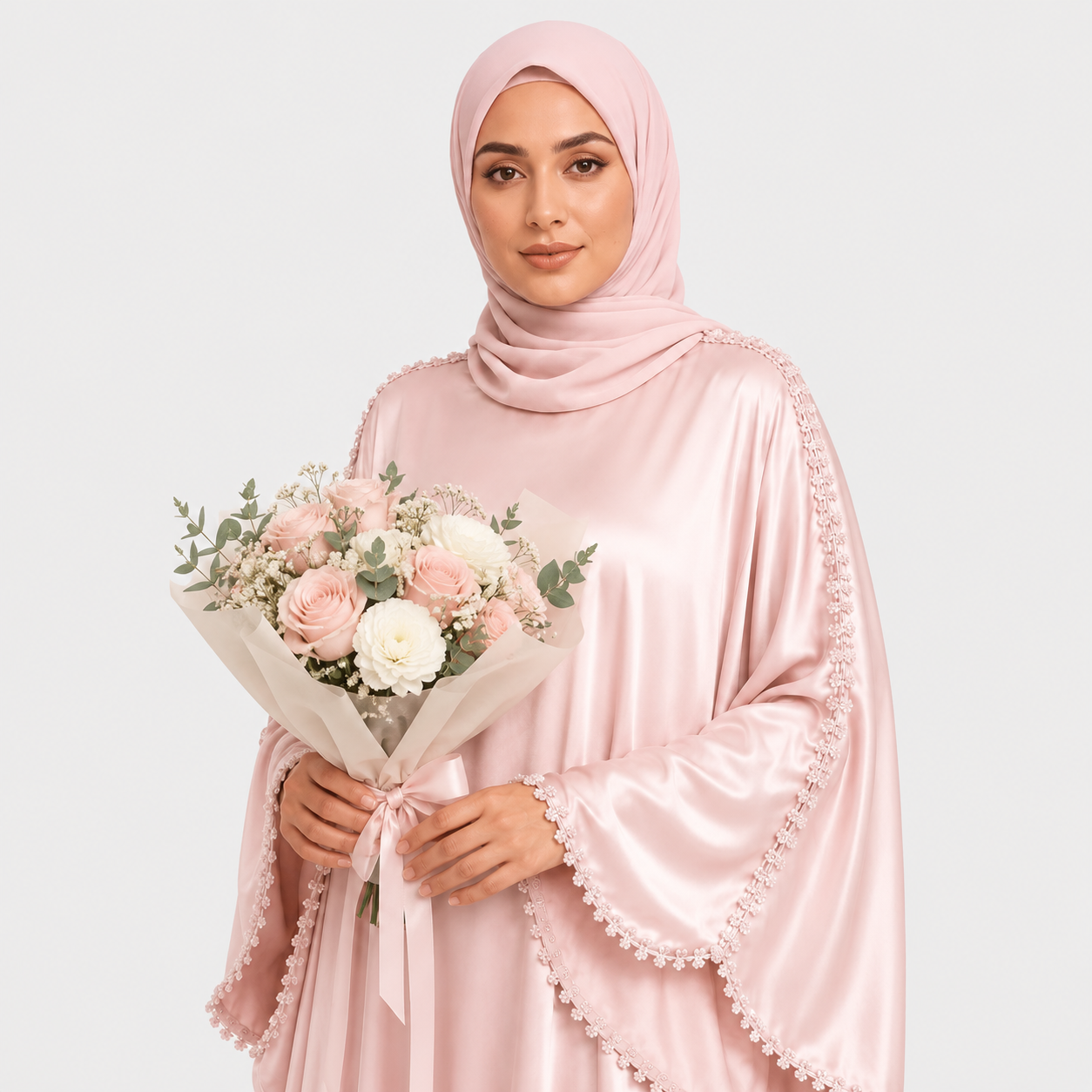 Woman in a pink abaya holding a bouquet of flowers on a light gray background