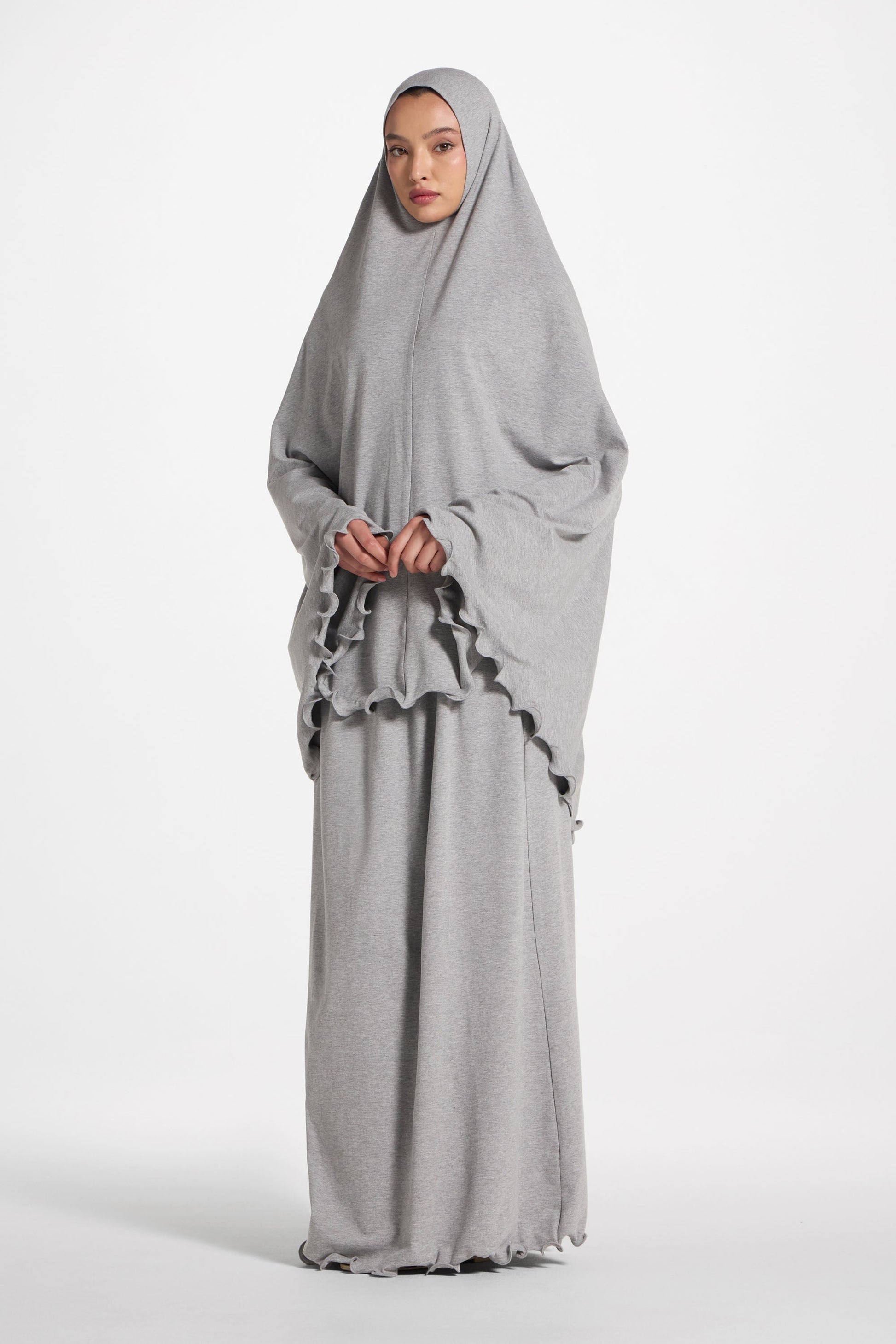 Ruffle Trim Prayer Set in Grey Jersey