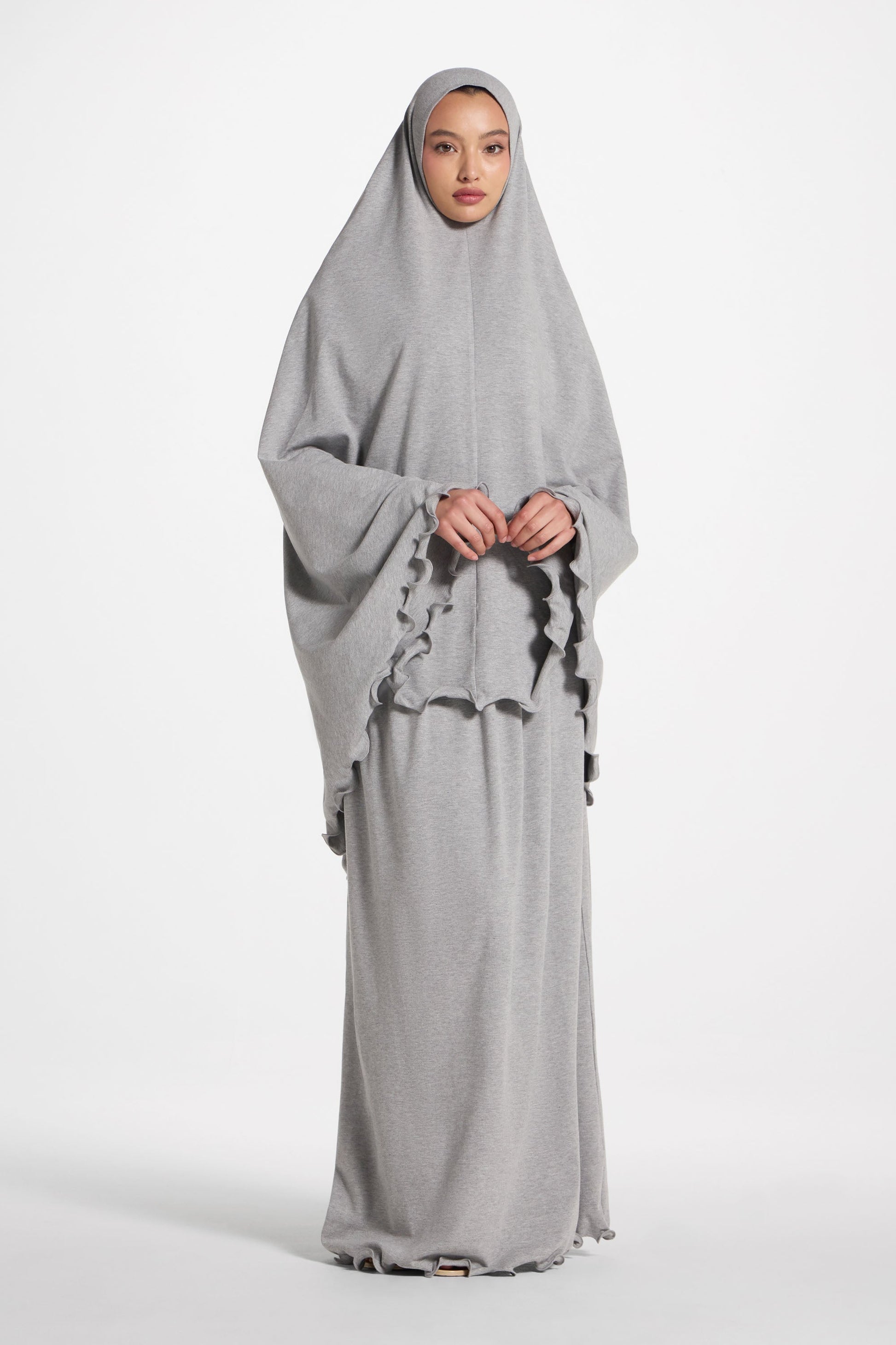 Ruffle Trim Prayer Set in Grey Jersey