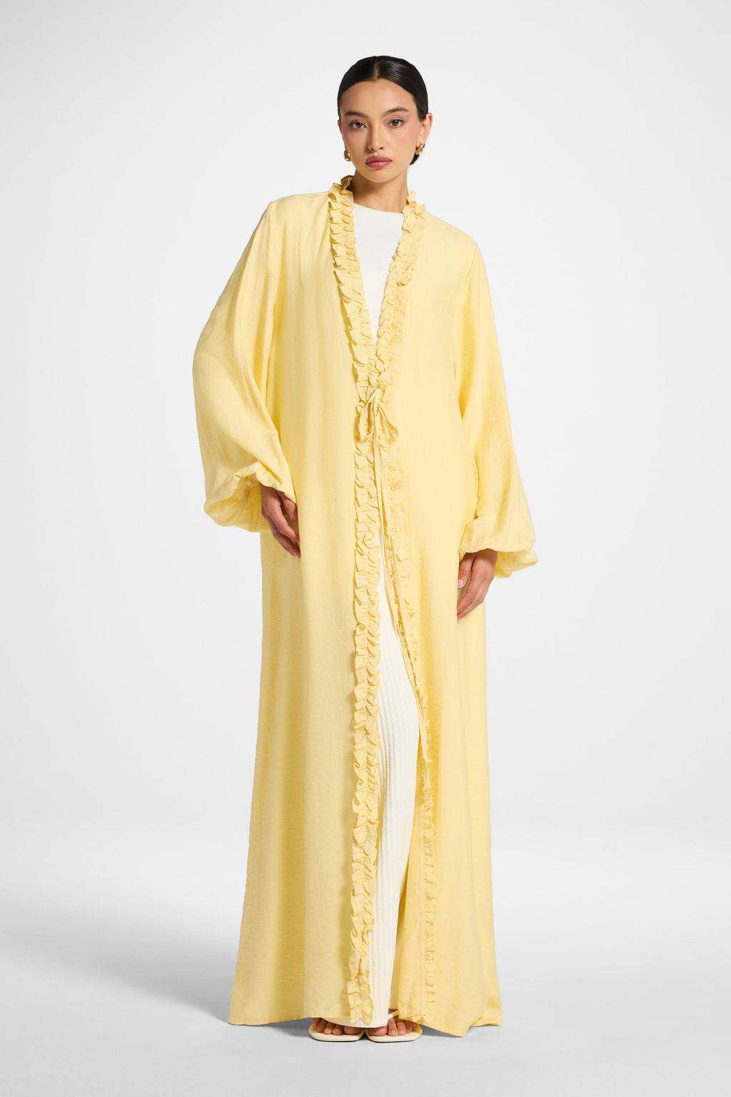 Sunlit Yellow Ruffle Tie-Front Abaya