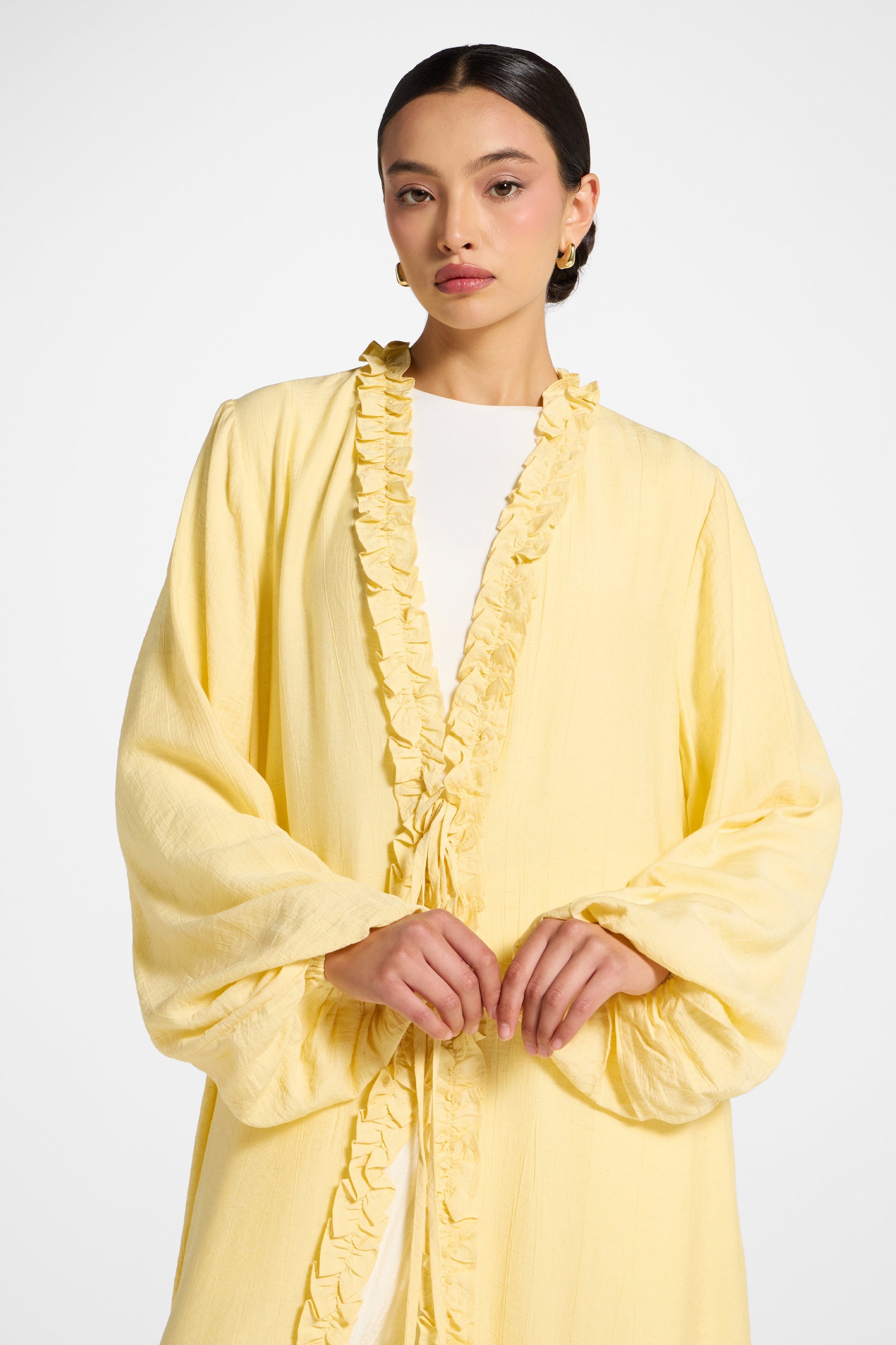 Sunlit Yellow Ruffle Tie-Front Abaya