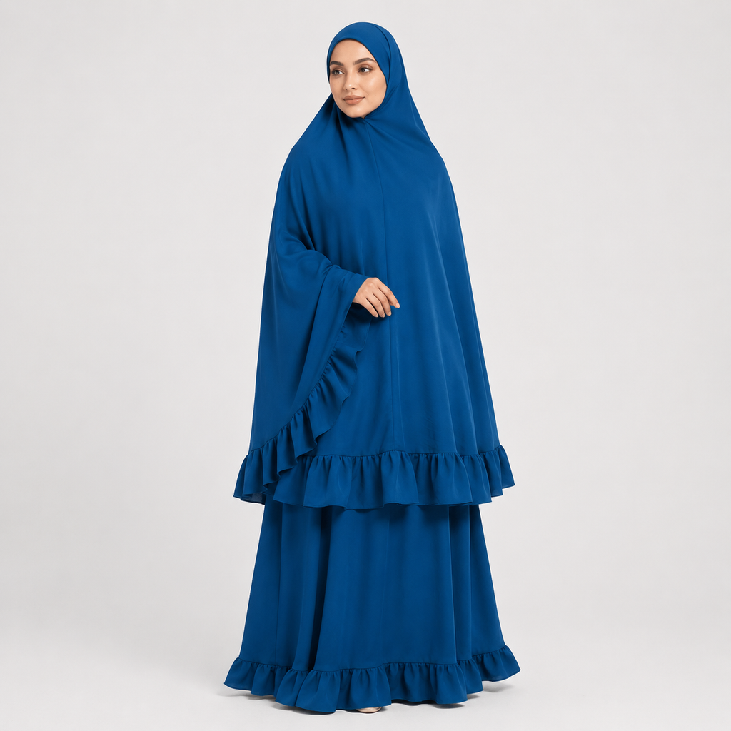 Woman wearing a blue dress with a matching hijab on a white background
