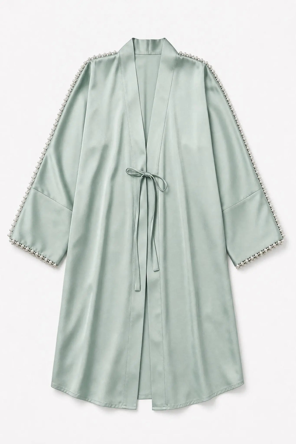 Light green satin robe with decorative trim on a white background
