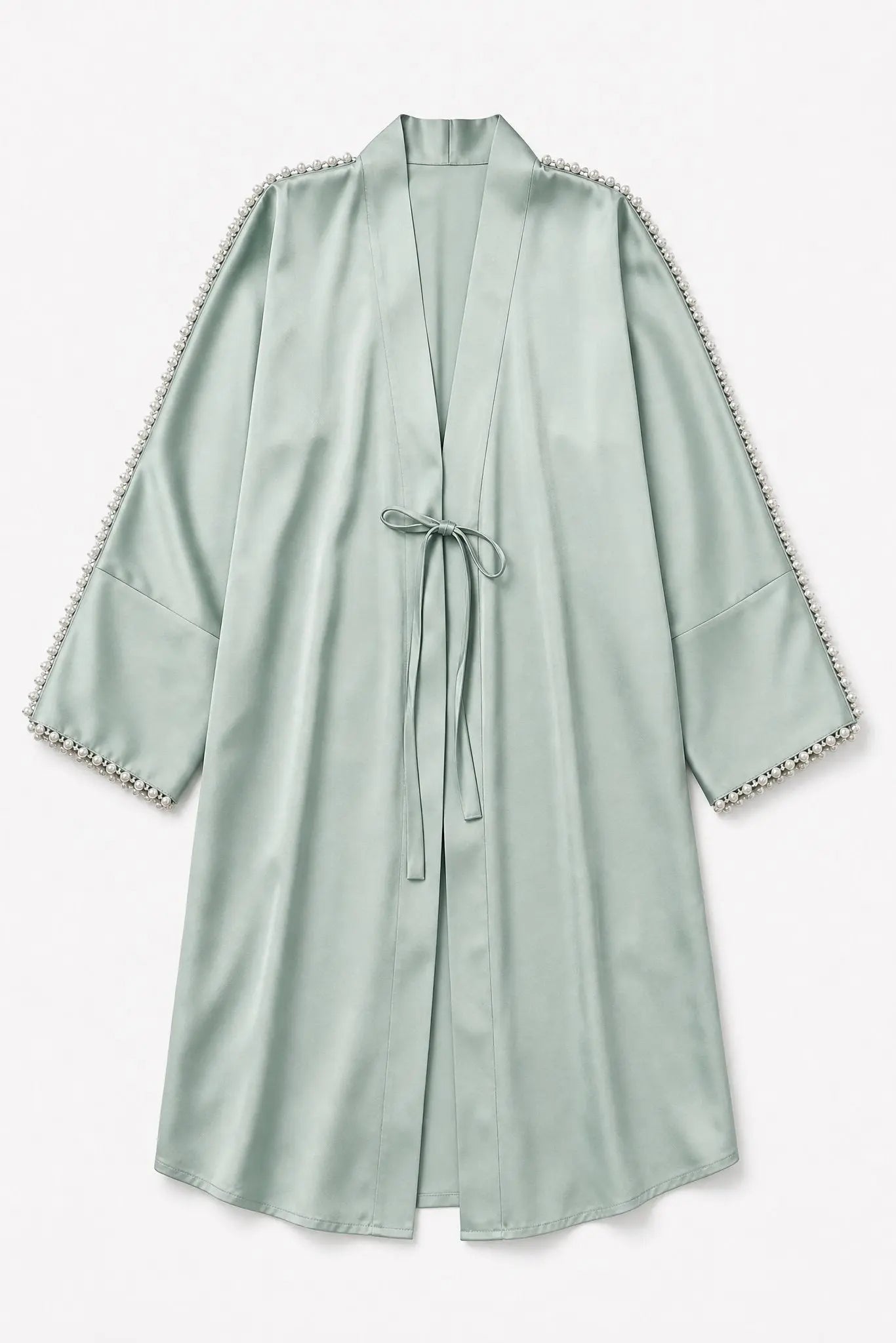Light green satin robe with decorative trim on a white background