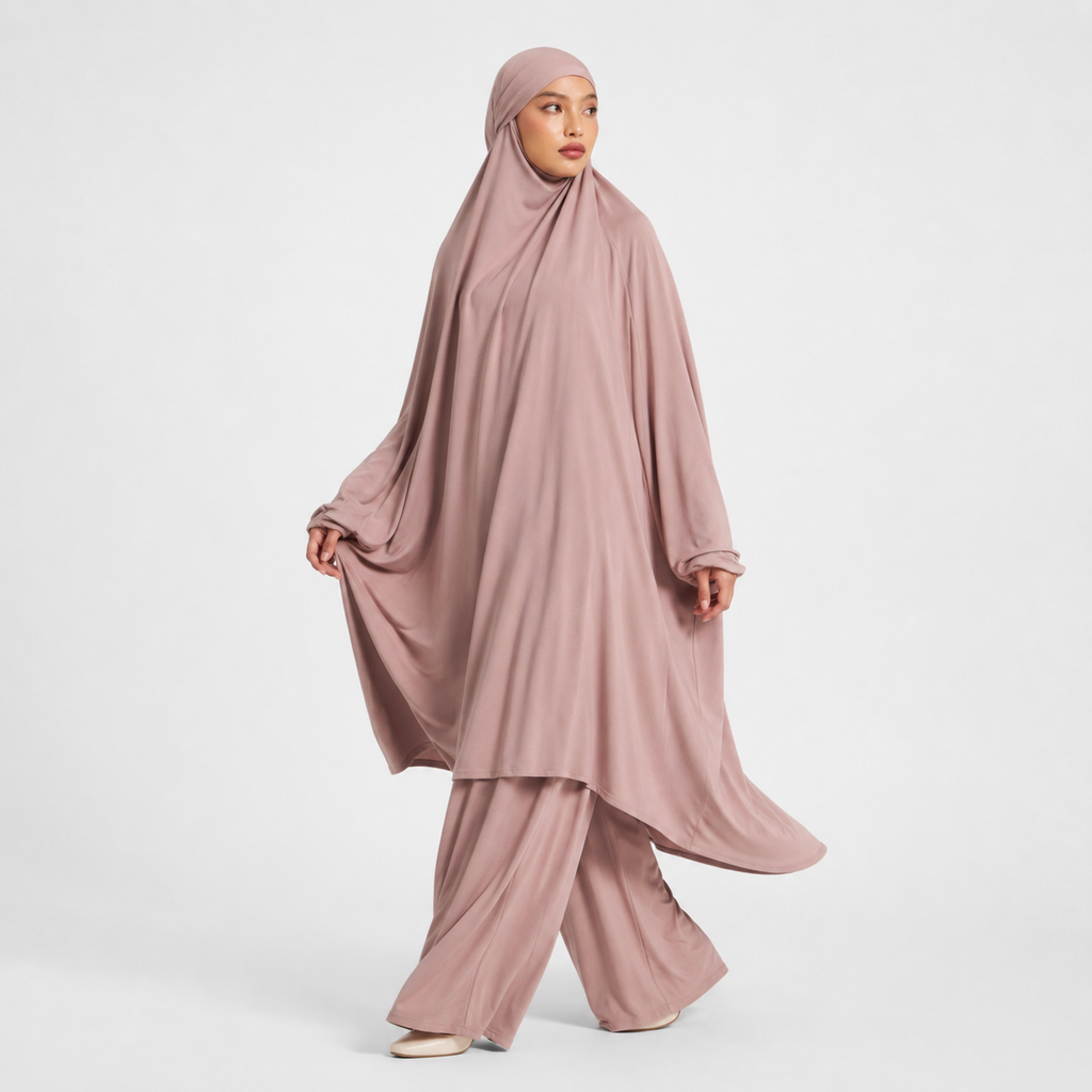 Pink Stretchy Jersey Prayer Set with Ultra-Wide Palazzo Pants