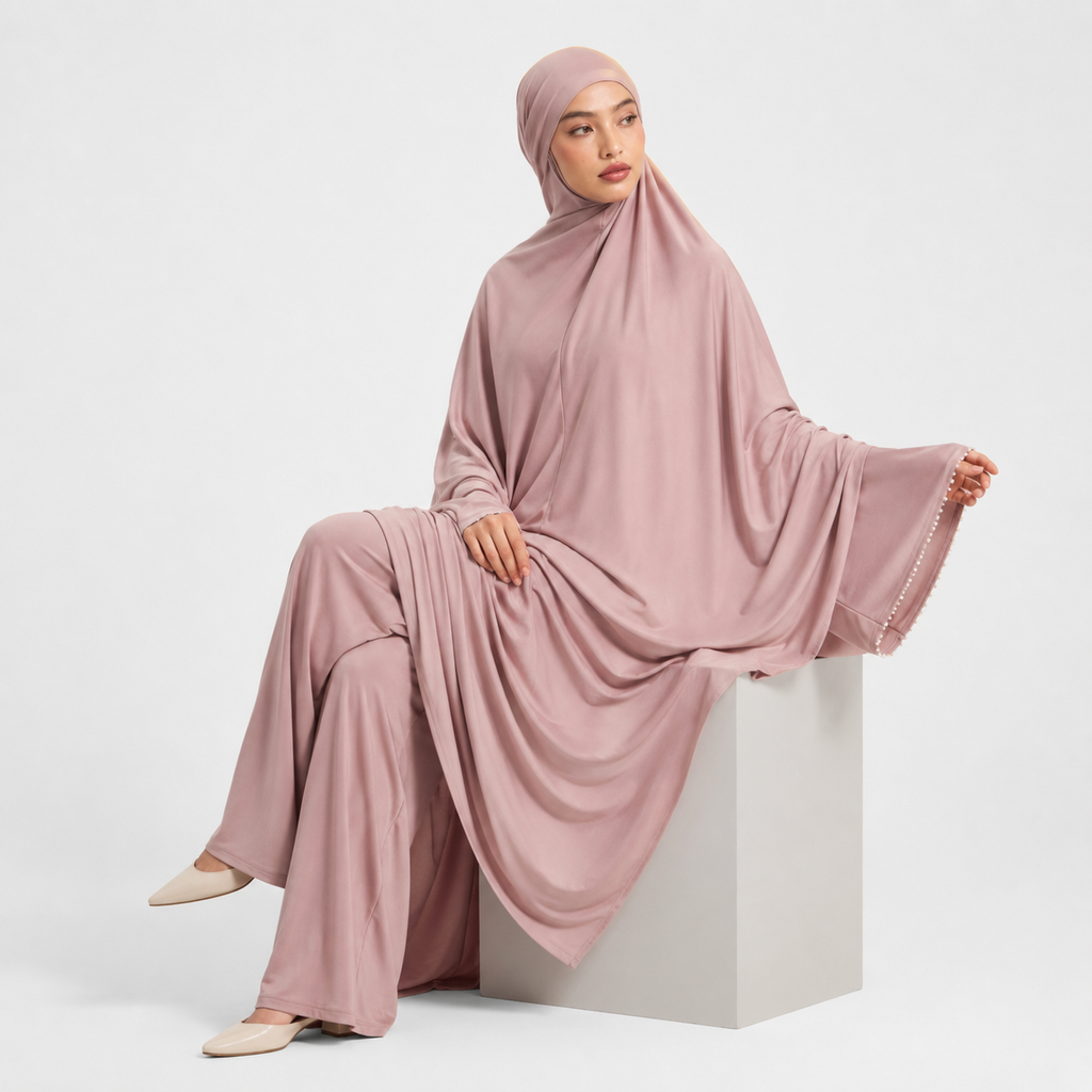 Pink Stretchy Jersey Prayer Set with Ultra-Wide Palazzo Pants
