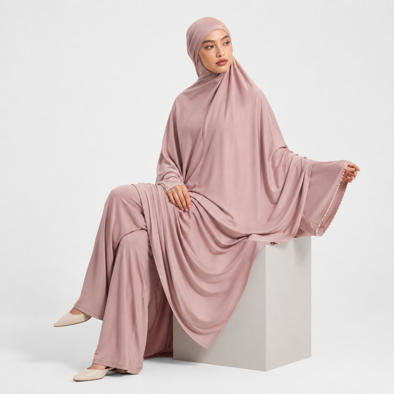 Pink Stretchy Jersey Prayer Set with Ultra-Wide Palazzo Pants