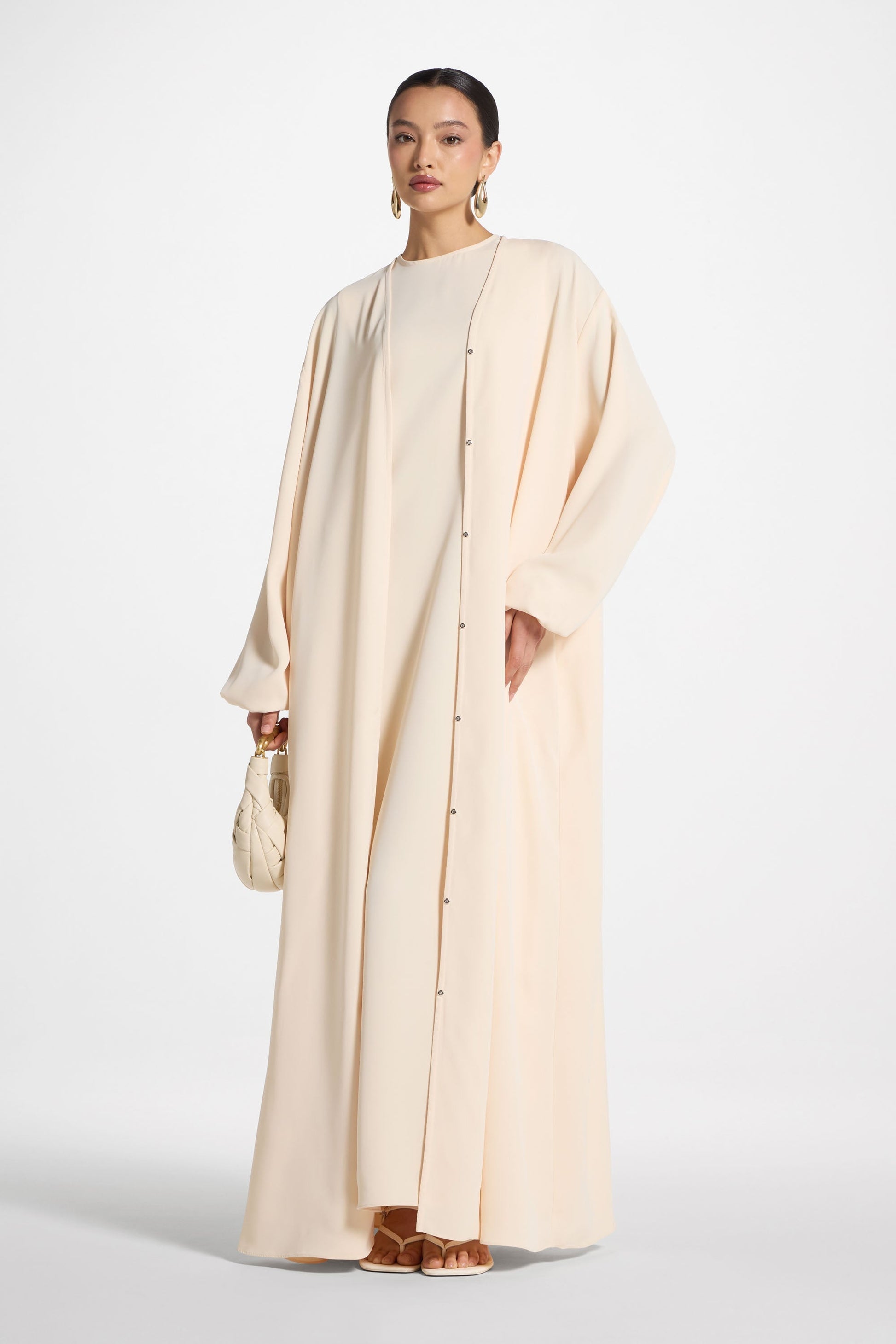 Beige Balloon Sleeve Abaya with Front Snap Buttons