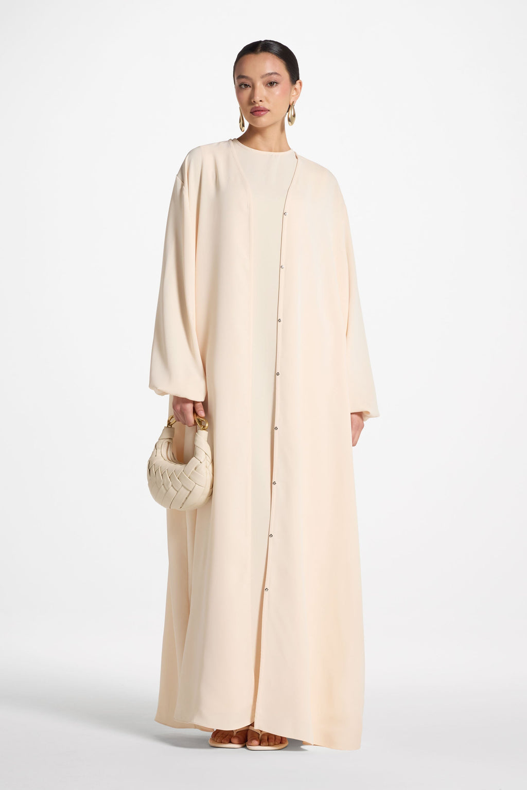 Beige Balloon Sleeve Abaya with Front Snap Buttons
