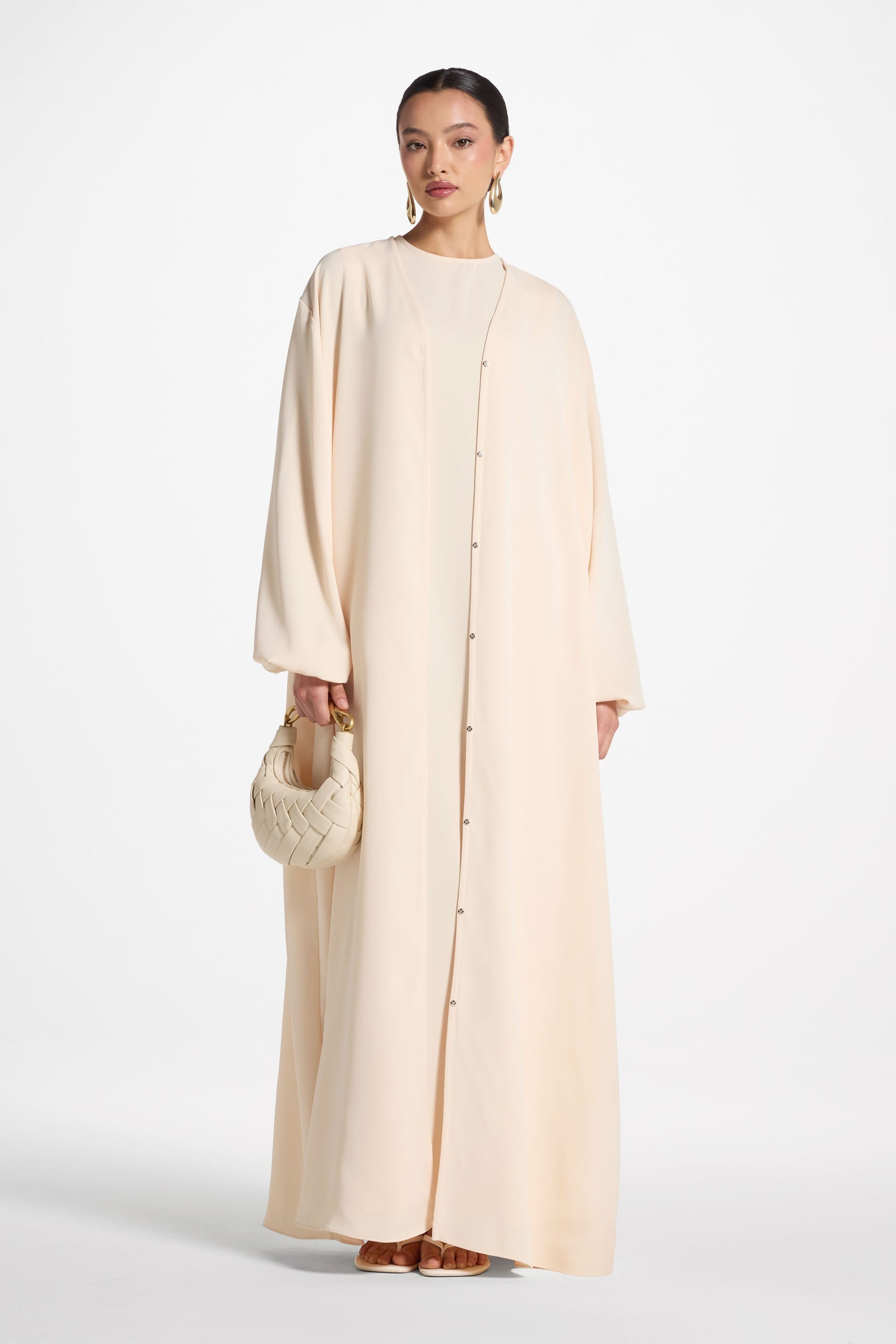 Beige Balloon Sleeve Abaya with Front Snap Buttons
