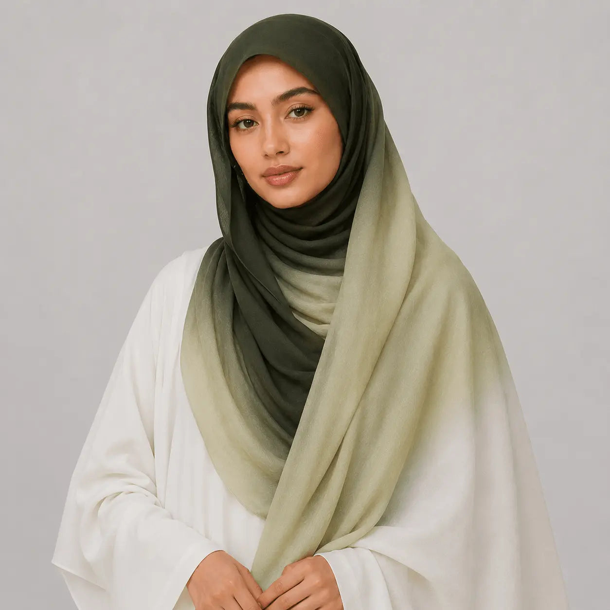 Woman wearing a green hijab with a gradient effect on a plain background