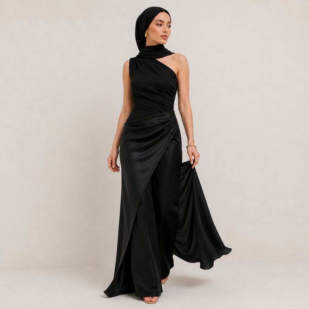 Woman wearing a black halter neck gown with a draped effect on a plain background