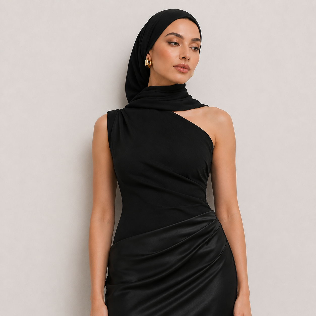Woman wearing a black dress and hijab against a plain background