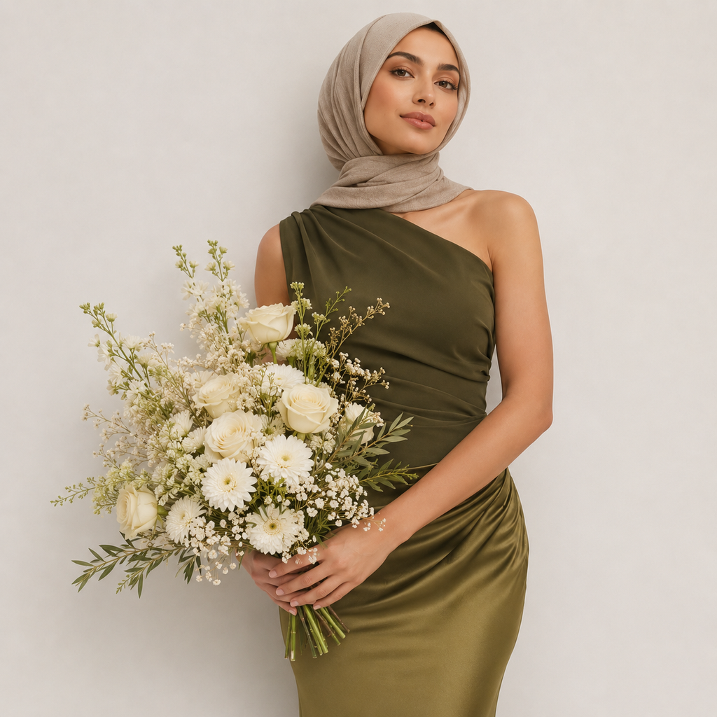 Woman in an olive green dress holding a bouquet of flowers against a plain background