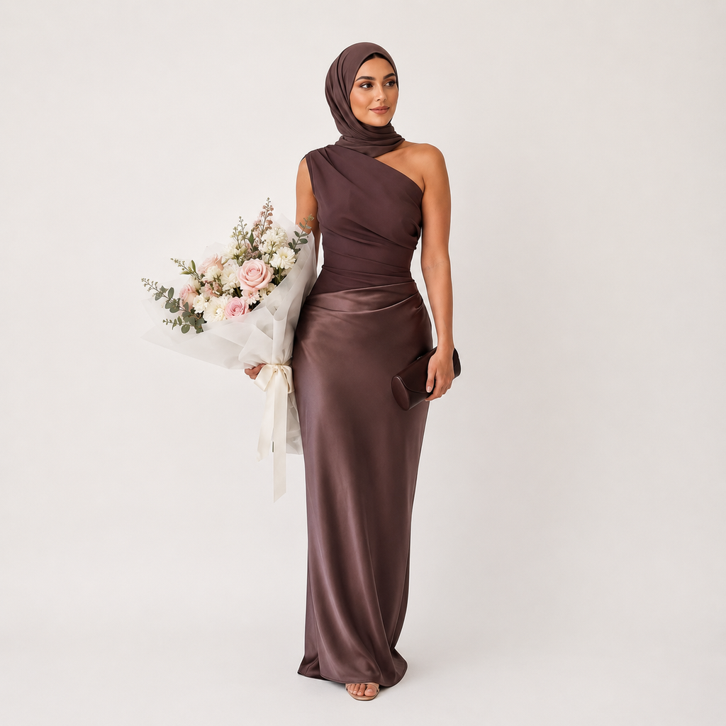 Woman in a brown one-shoulder gown holding flowers on a white background