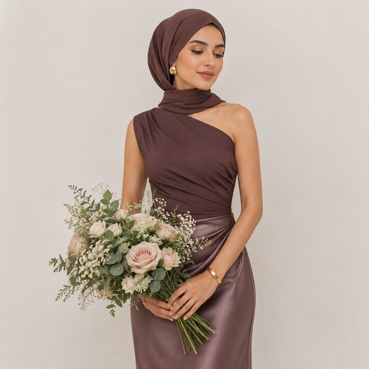 Woman in a brown dress and headscarf holding a bouquet of flowers against a plain background