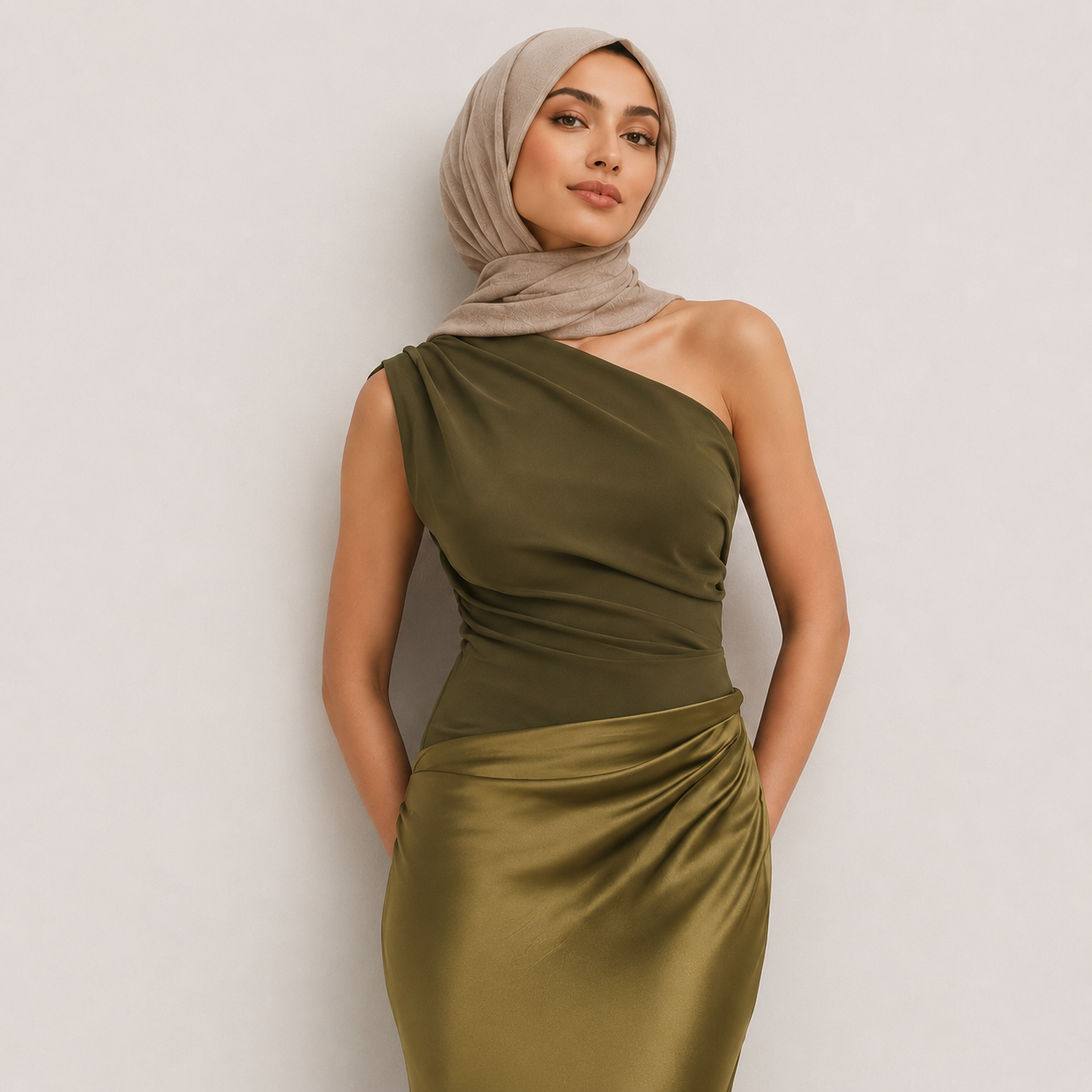 Woman wearing an olive green one-shoulder dress and beige hijab against a plain background