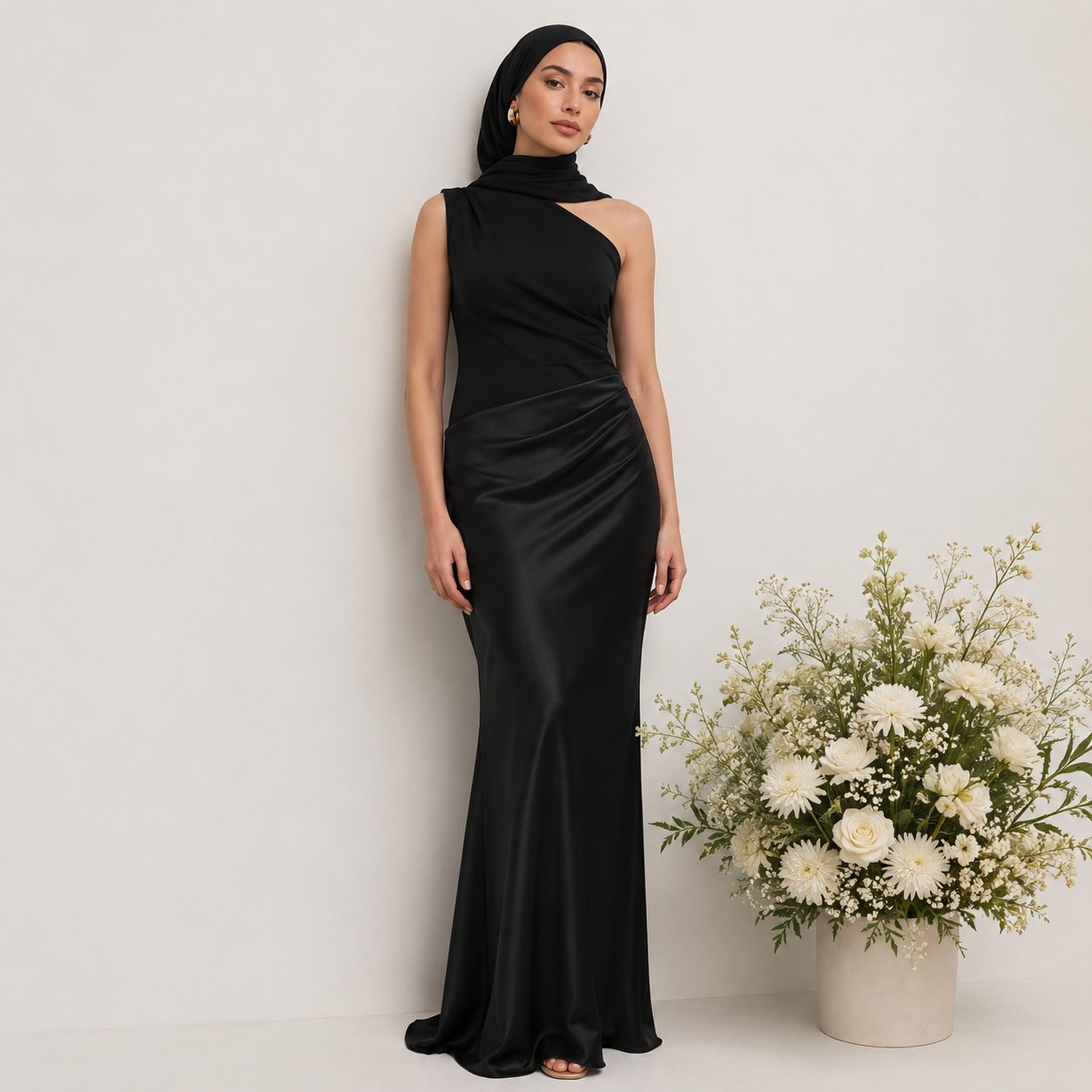 Woman in a black evening gown standing next to a vase of flowers on a plain background